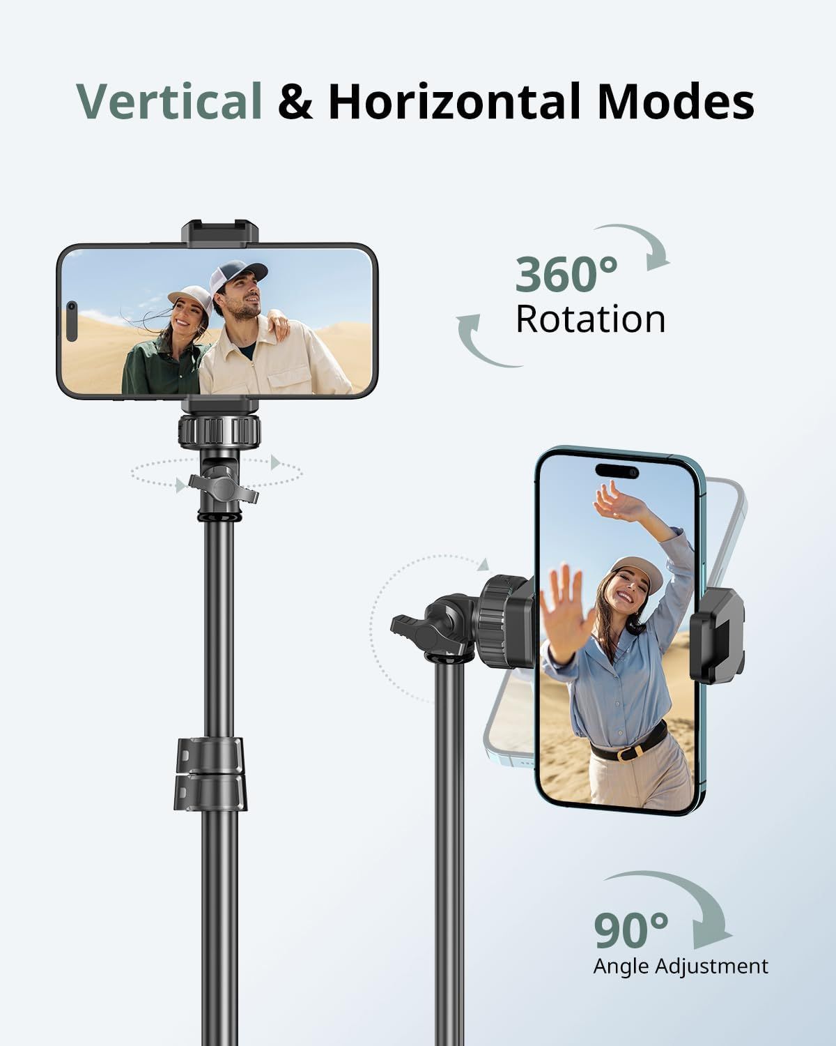 Demonstrates the product's versatile positioning capabilities, showing shoppers that the selfie stick/tripod can rotate fully and adjust to multiple angles for different shooting scenarios.