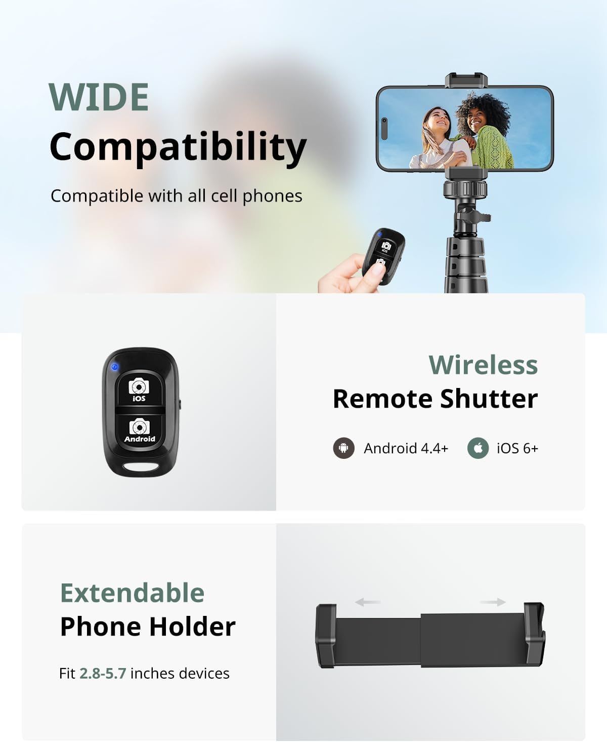 Showcases three distinct selling benefits of the selfie stick in a segmented layout: universal phone compatibility, wireless remote functionality with iOS and Android support, and an adjustable…