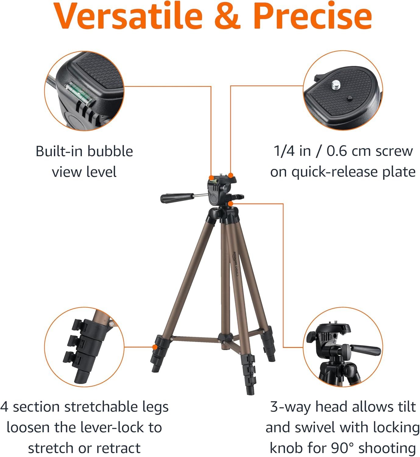 This image breaks down the tripod's key physical components and structural features to help shoppers understand what the product is made of and how its parts function together.