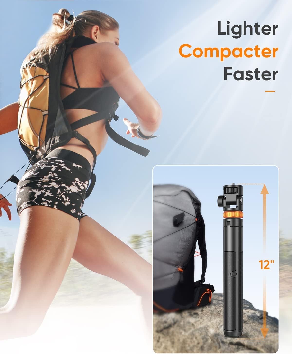 Demonstrates the product's compact 12-inch size to reassure shoppers it's portable and travel-friendly for outdoor activities. Highlights three key product benefits (lighter weight, more compact…