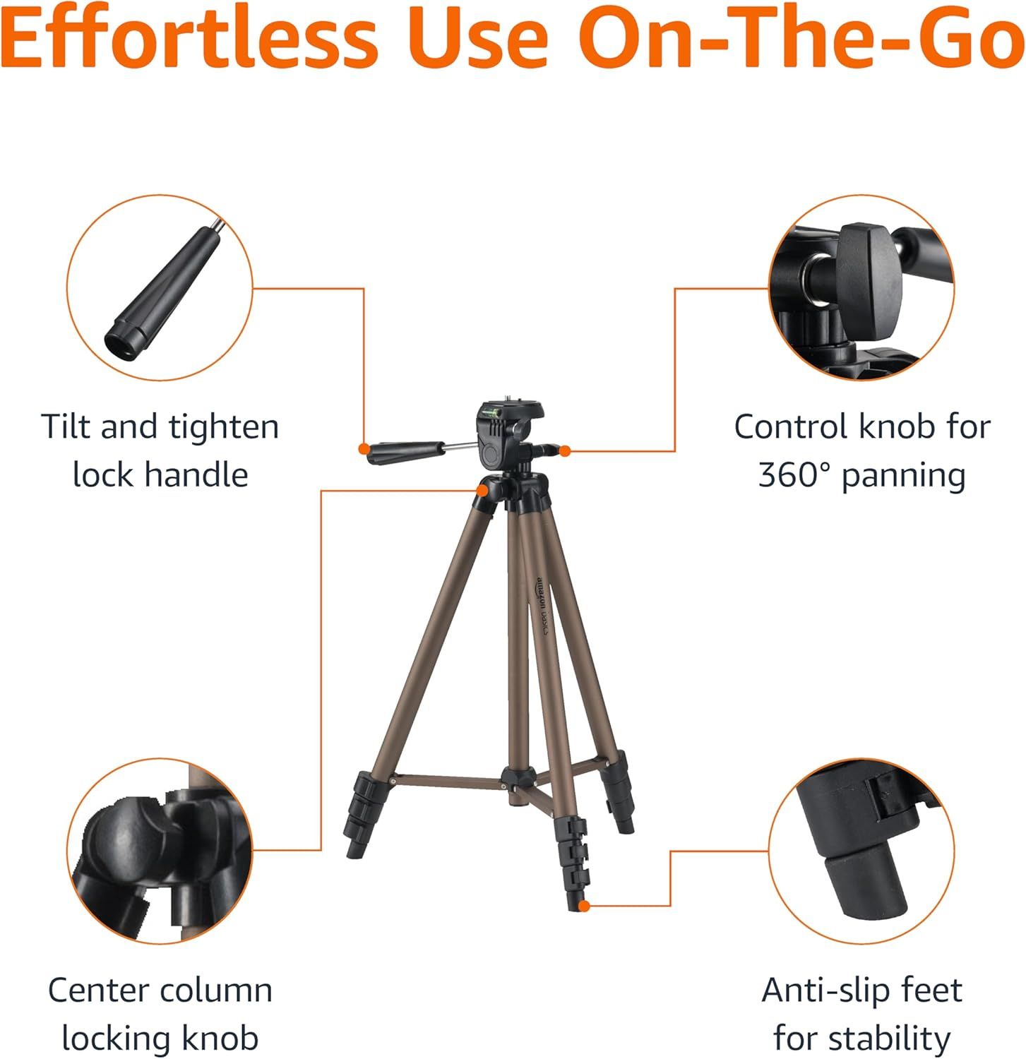 This image breaks down the tripod's key physical components and controls to help shoppers understand the product's structure and how each part functions for ease of use and stability.