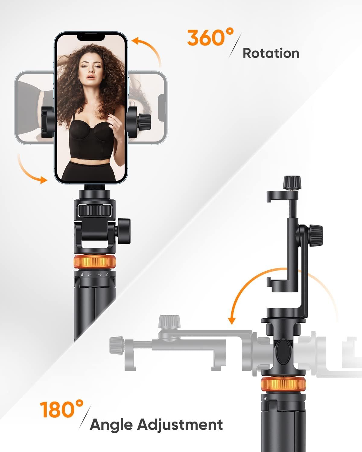 Demonstrates the product's dual flexibility features—full 360° rotation and 180° angle adjustment—to show shoppers the versatile positioning capabilities of this phone mount/tripod.