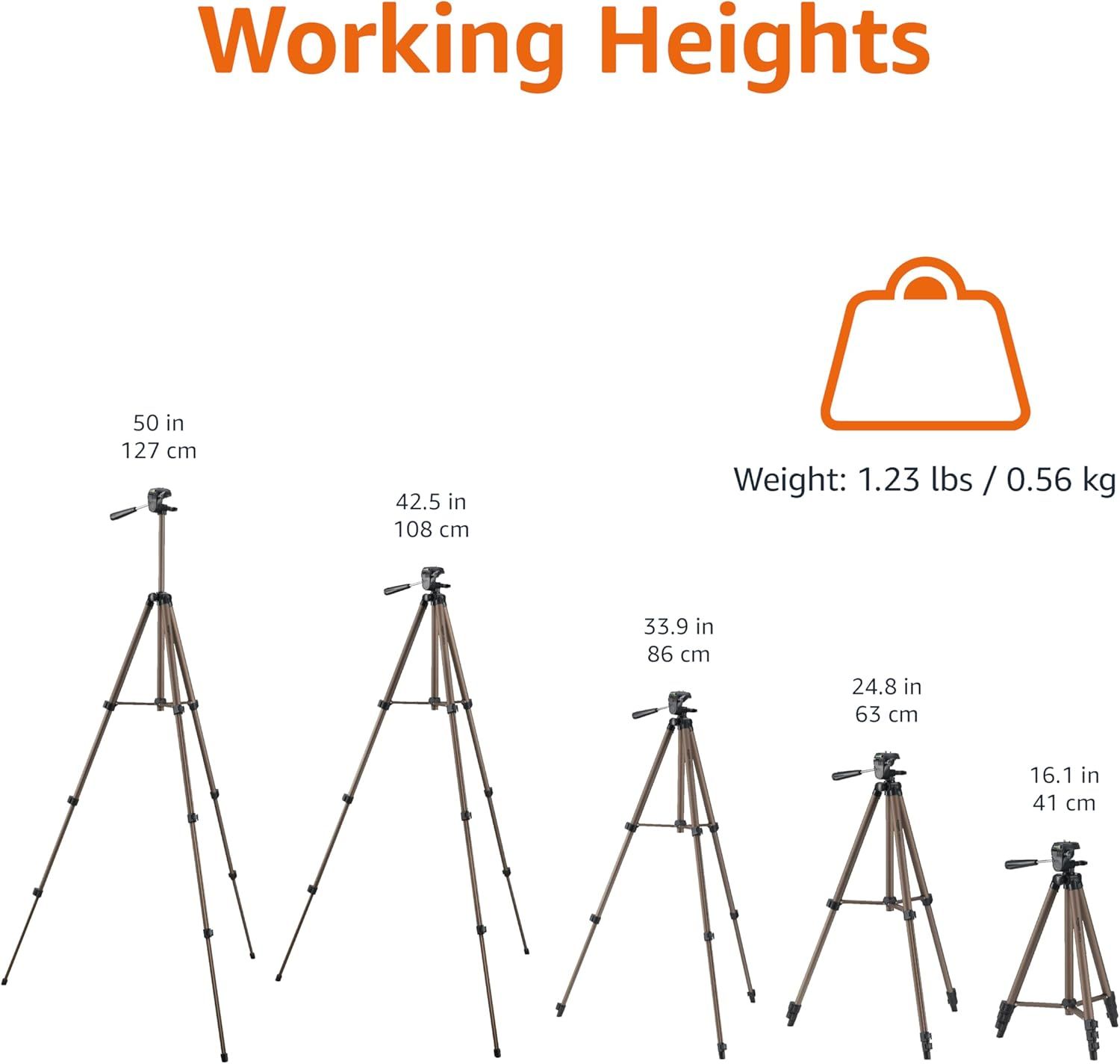 Demonstrates the tripod's adjustable height range from 16.1 inches to 50 inches and its lightweight portability at 1.23 lbs, reassuring shoppers about versatility and ease of transport. Communicates…