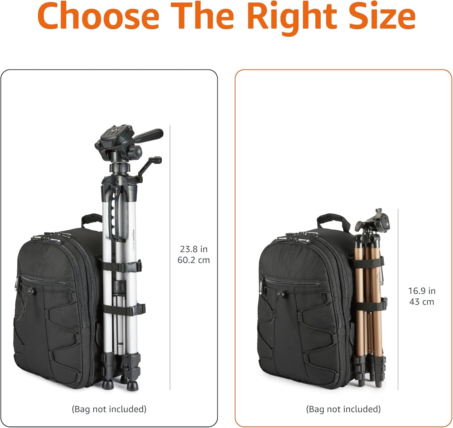 Helps shoppers choose between two different tripod sizes by showing side-by-side comparison of the brand's product lineup with dimensional measurements. Communicates the exact physical dimensions of…