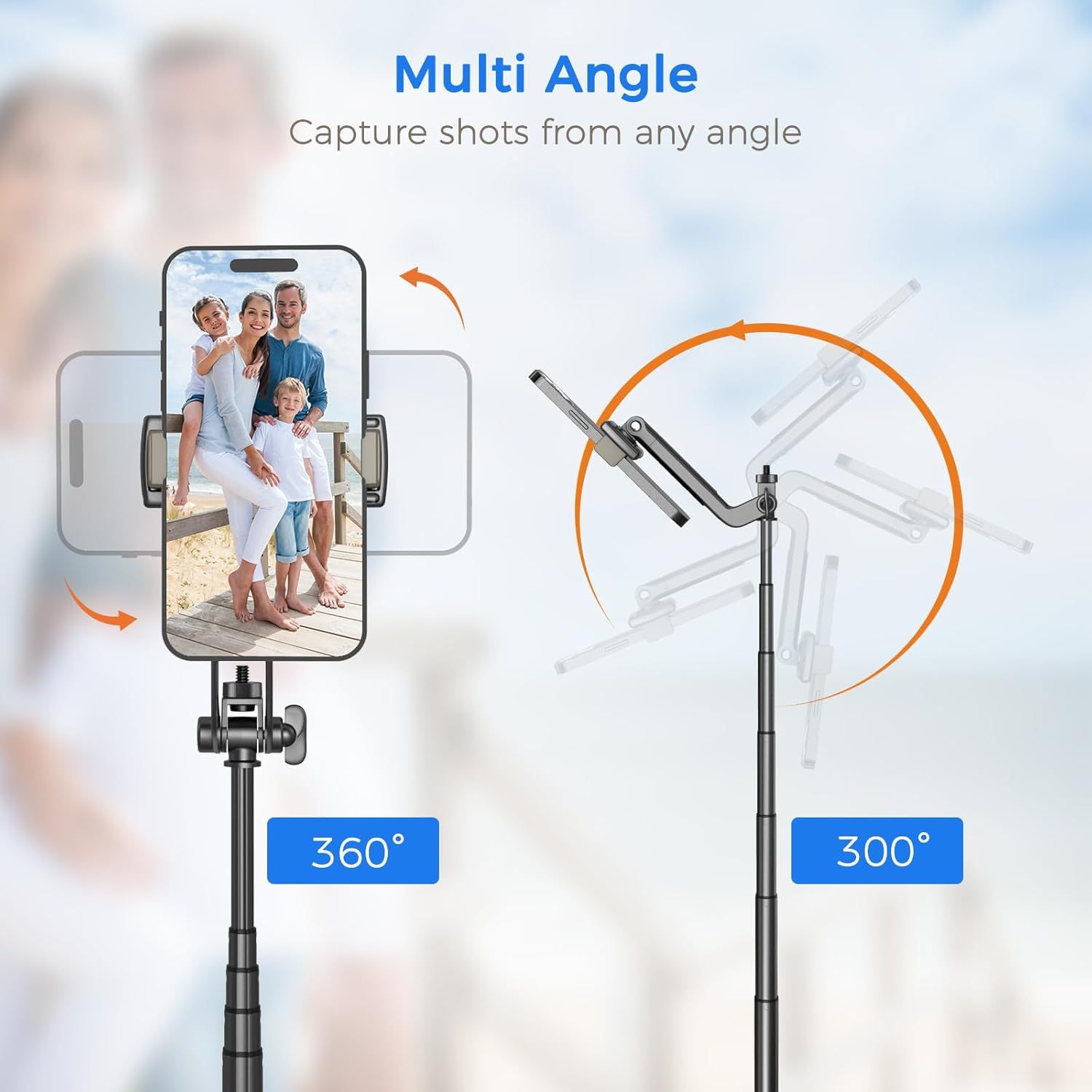 Communicates the product's multi-angle rotation and tilt capabilities with specific degree measurements to demonstrate its flexibility and versatility for capturing photos from any angle. Highlights…