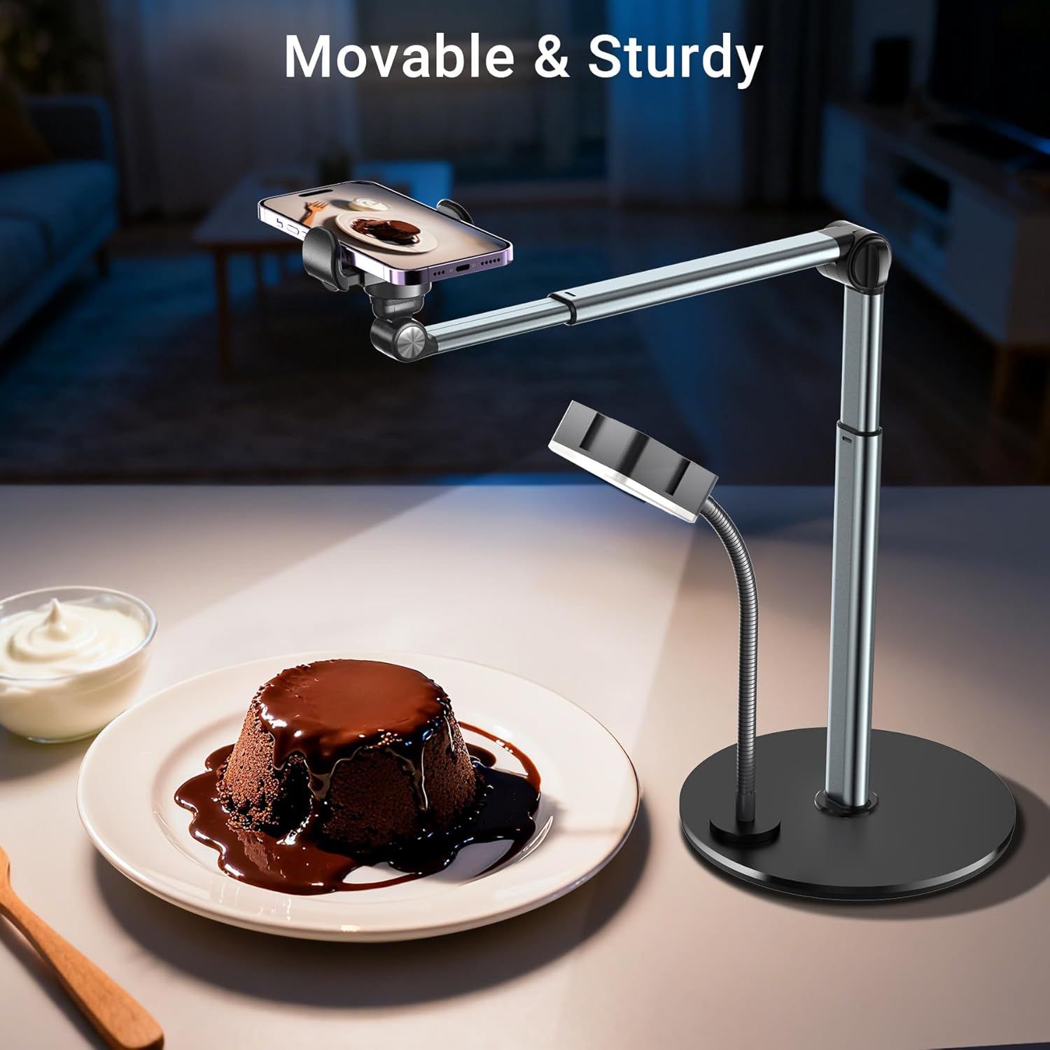 Demonstrates the product's dual benefits of mobility and stability, showing both the adjustable phone holder arm and flexible lighting for versatile positioning and use.