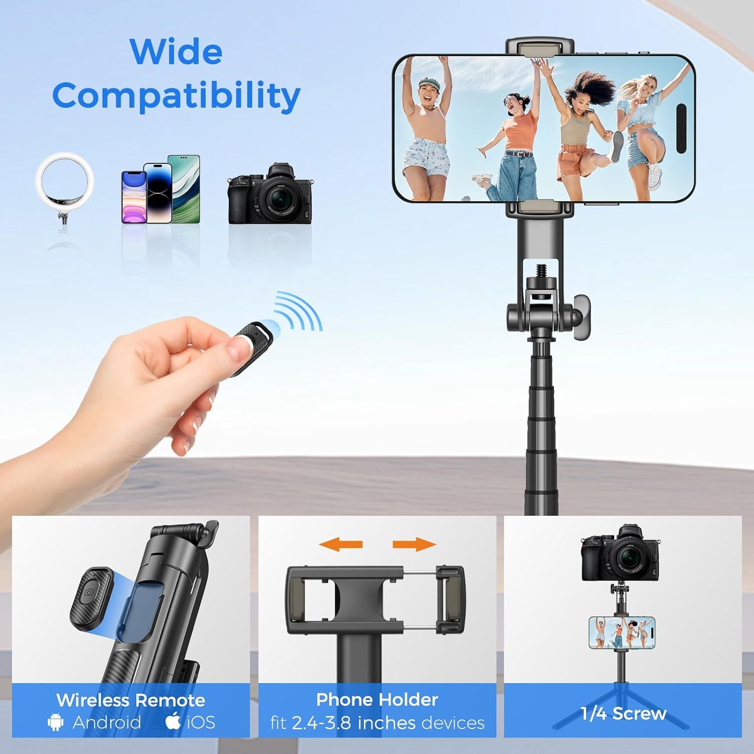 Demonstrates that the selfie stick/tripod is compatible with multiple devices including smartphones, ring lights, and cameras, reassuring shoppers of its versatility across different use cases.…