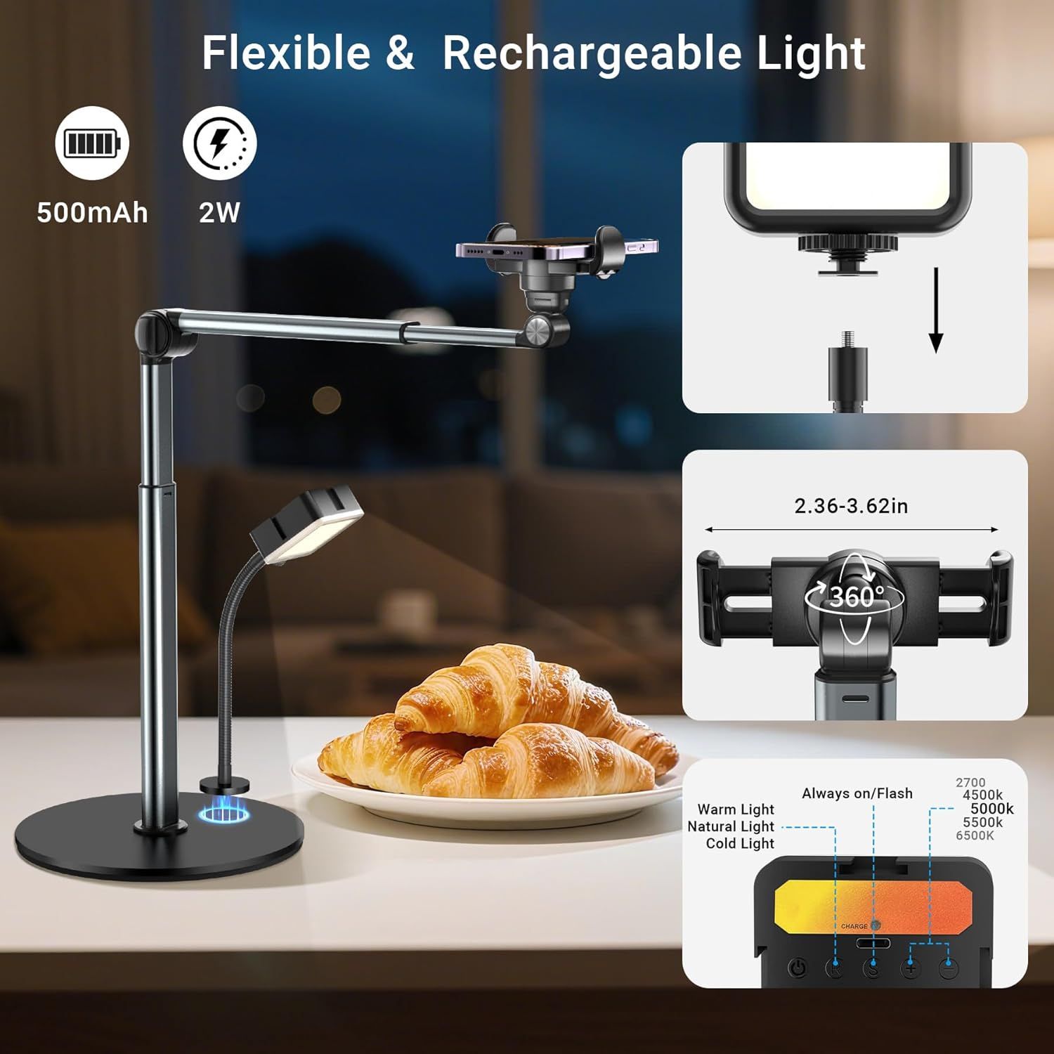 Communicates multiple distinct benefits of the overhead light stand including its rechargeable battery capacity, flexible positioning, adjustable phone holder with 360° rotation, and customizable…