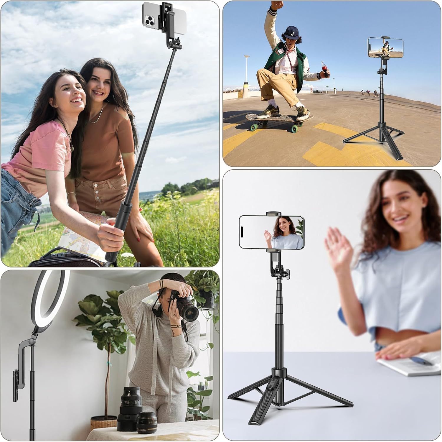 Demonstrates the versatility of the selfie stick/tripod by showing it can be used across multiple scenarios including outdoor selfies, skateboarding action shots, video conferencing, and indoor…