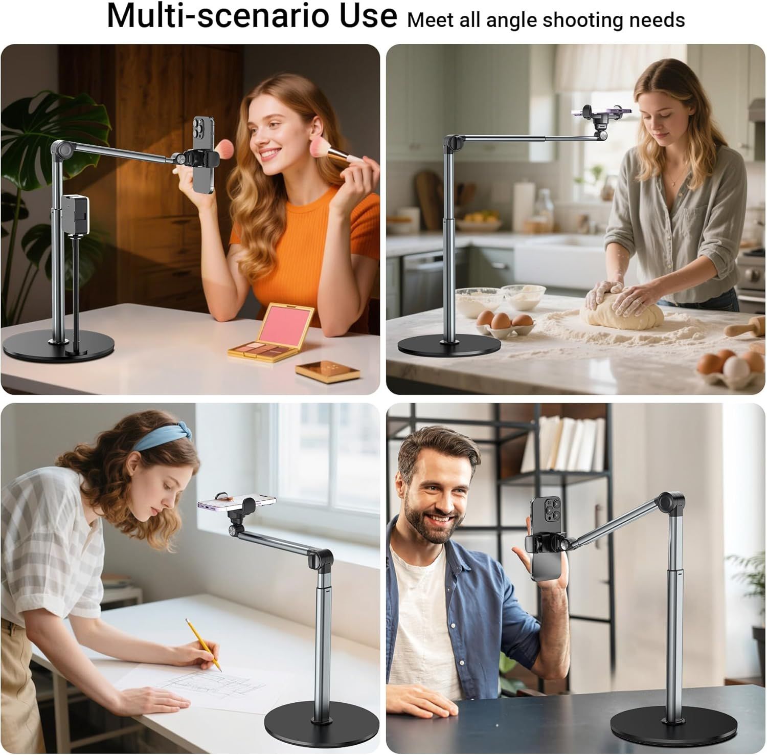 Demonstrates the product's versatility by showing it being used in multiple real-world scenarios including beauty/makeup tutorials, cooking content creation, art/design work, and video recording,…