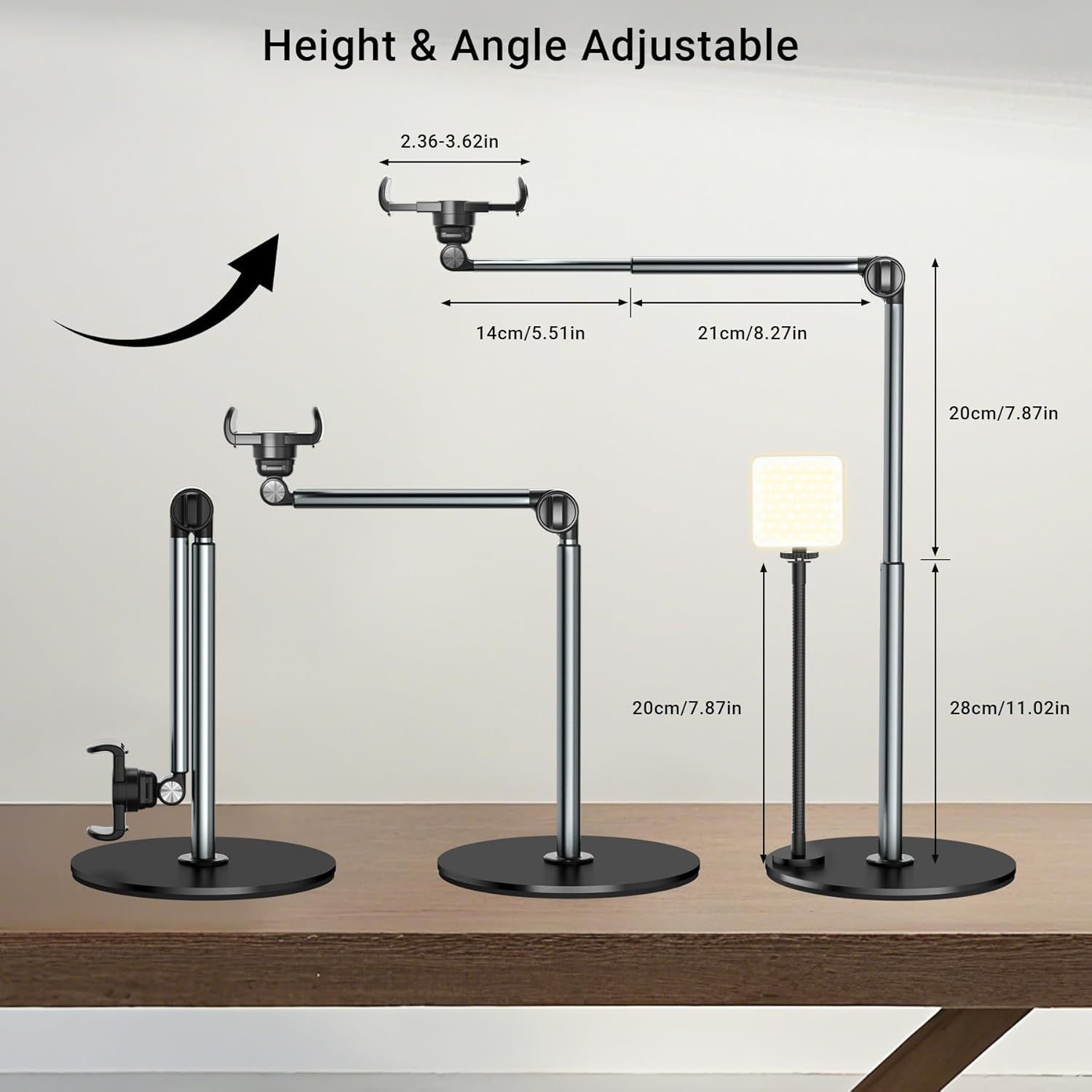 Demonstrates the product's adjustable height and angle capabilities with precise dimensional measurements, showing shoppers the flexibility and range of positioning options available. Highlights the…