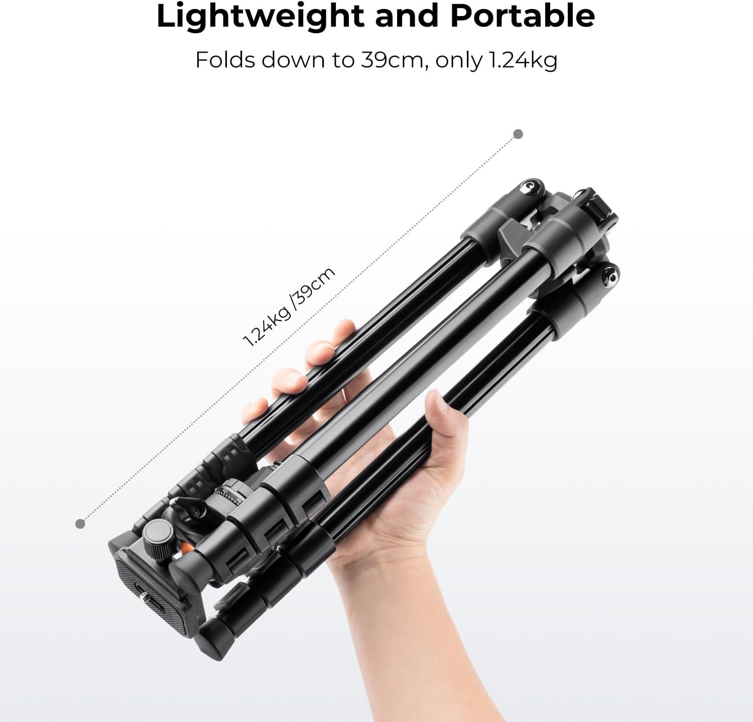 Communicates the product's portability by showing its compact folded dimensions (39cm) and light weight (1.24kg), reassuring shoppers it's easy to carry and travel-friendly.