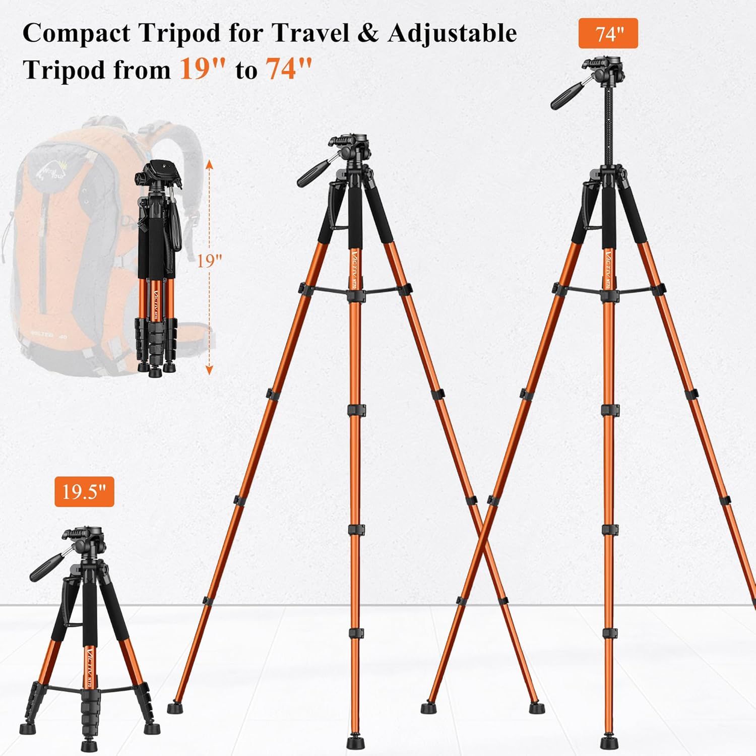 Demonstrates the tripod's adjustable height range from 19 inches to 74 inches and its compact folded size, reassuring shoppers about its versatility and portability for travel. Highlights the key…