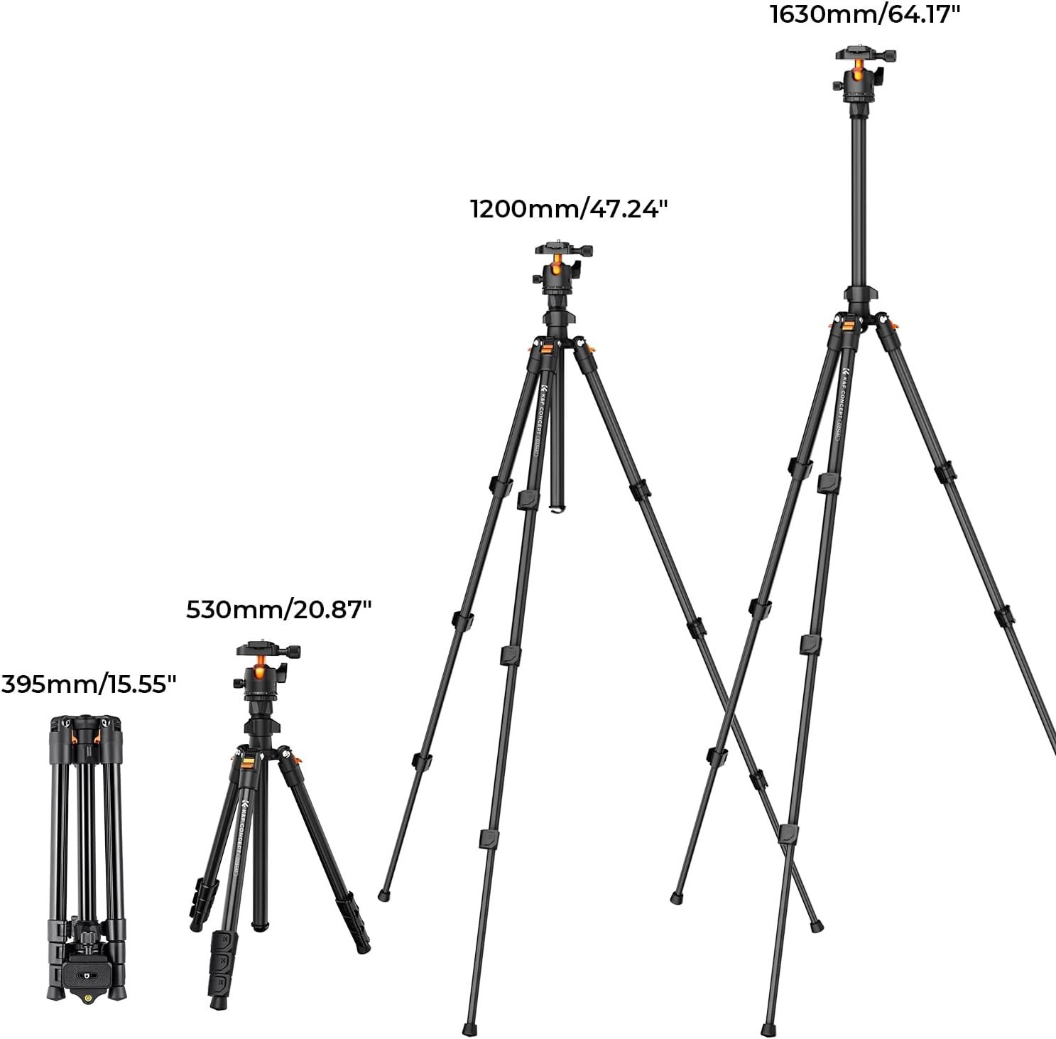Demonstrates the tripod's versatility by showing its adjustable height range from compact 15.55 inches when folded to fully extended 64.17 inches, helping shoppers understand its portability and…