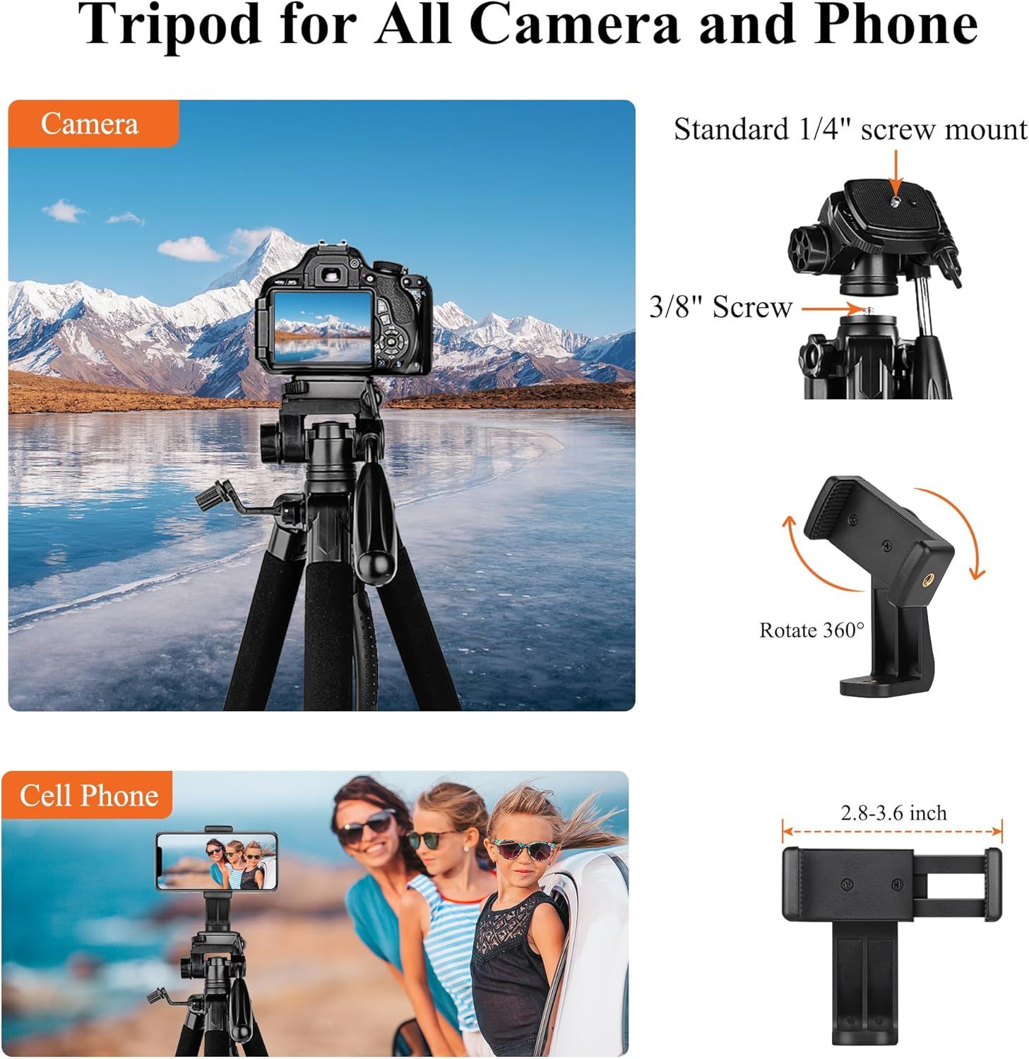Demonstrates the tripod's versatility by showing it works with both cameras and cell phones, reassuring shoppers it fits multiple devices and use cases. Breaks down the physical components and…