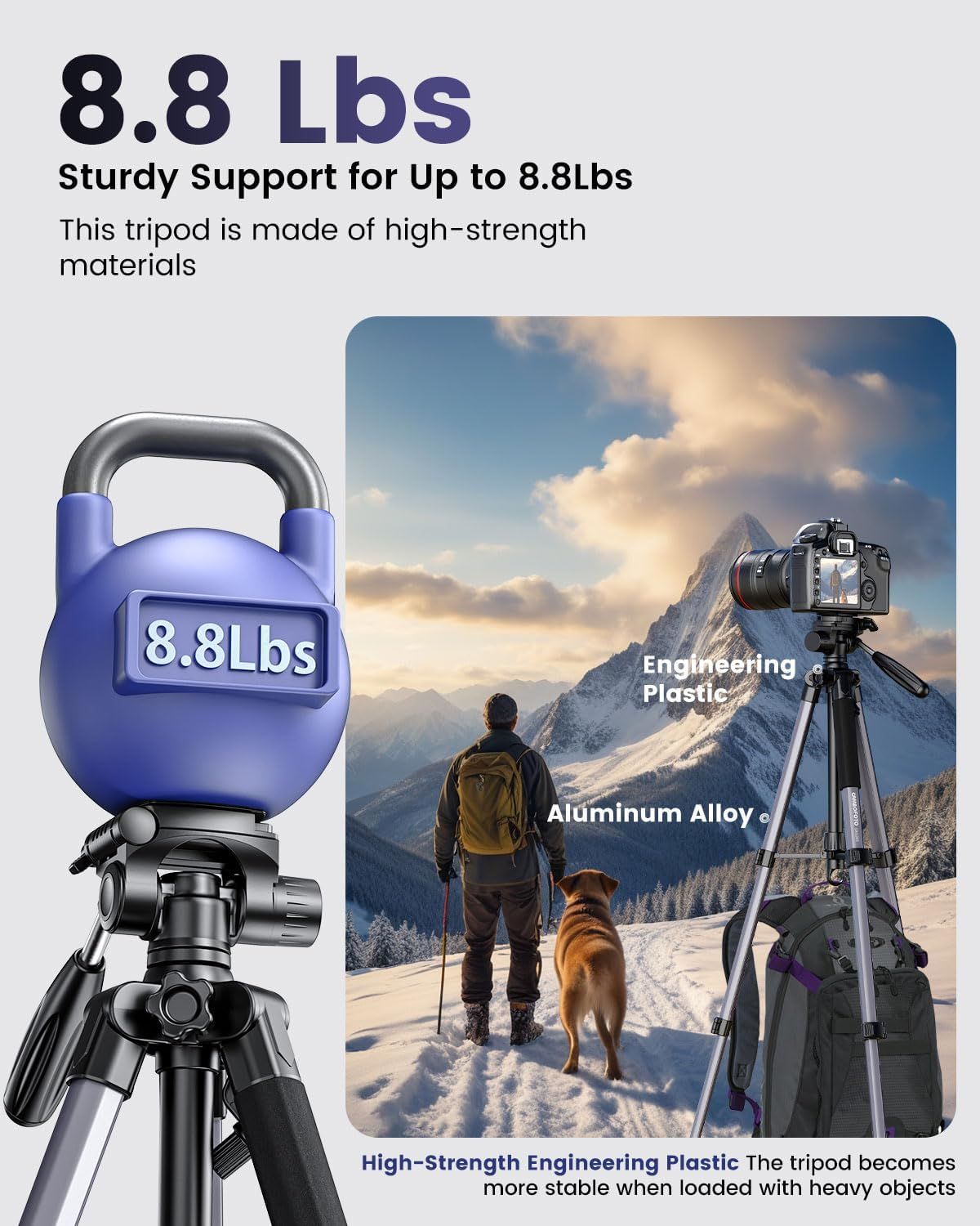 Communicates the tripod's maximum load capacity of 8.8 lbs to reassure shoppers it can support their camera equipment securely. Highlights the specific materials used in the tripod's construction to…