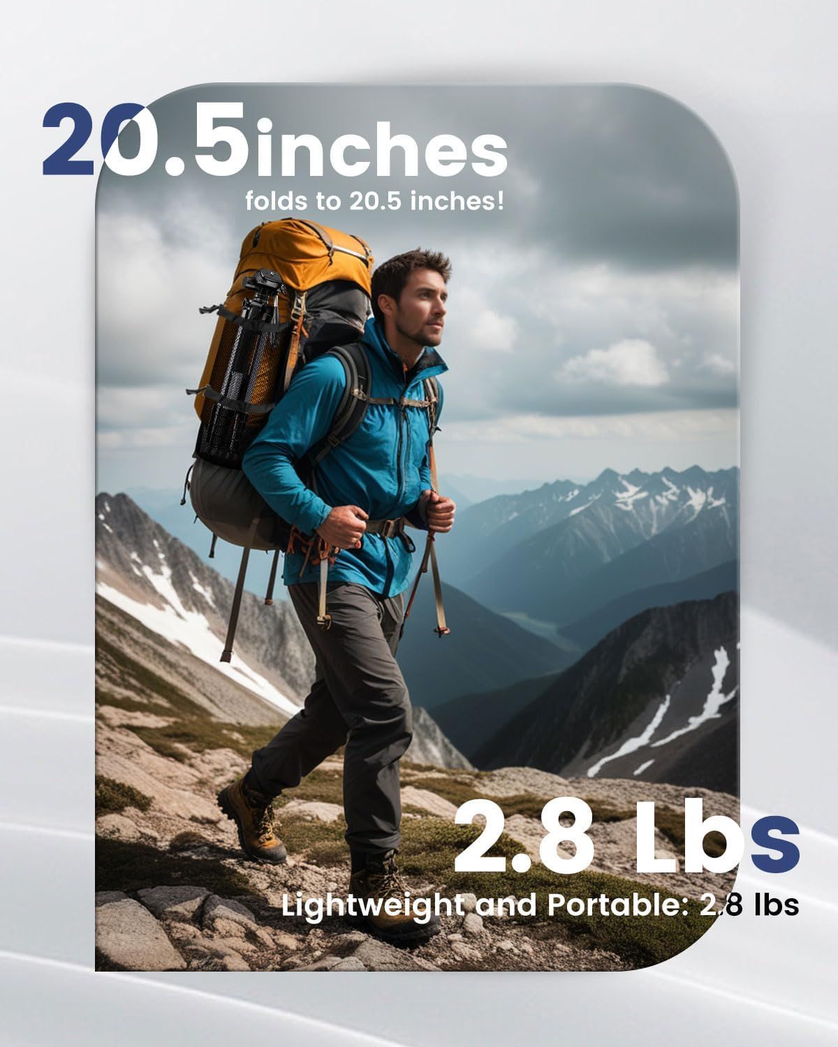 Communicates the product's physical dimensions (20.5 inches when folded) and weight (2.8 lbs) to reassure shoppers that it's compact and lightweight for portability. Highlights the product's…