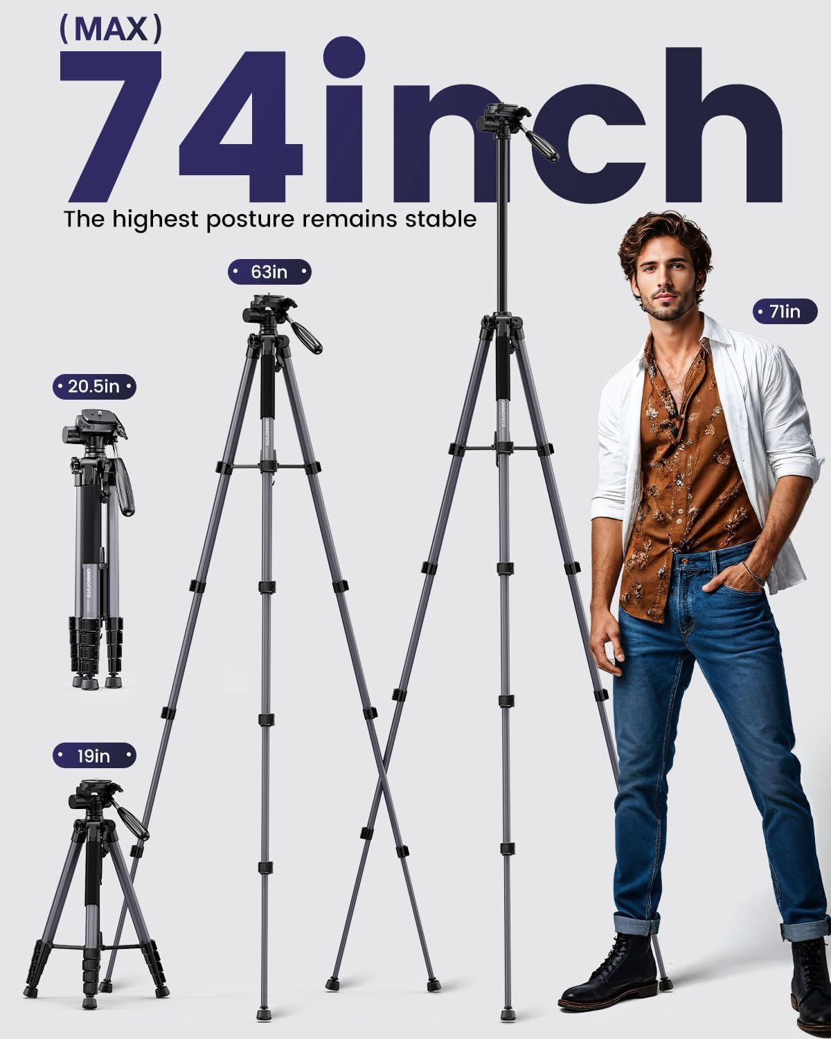 Demonstrates the tripod's impressive maximum height of 74 inches and its adjustable range from 19 inches to 74 inches, using a human model for scale to help shoppers visualize the product's size and…