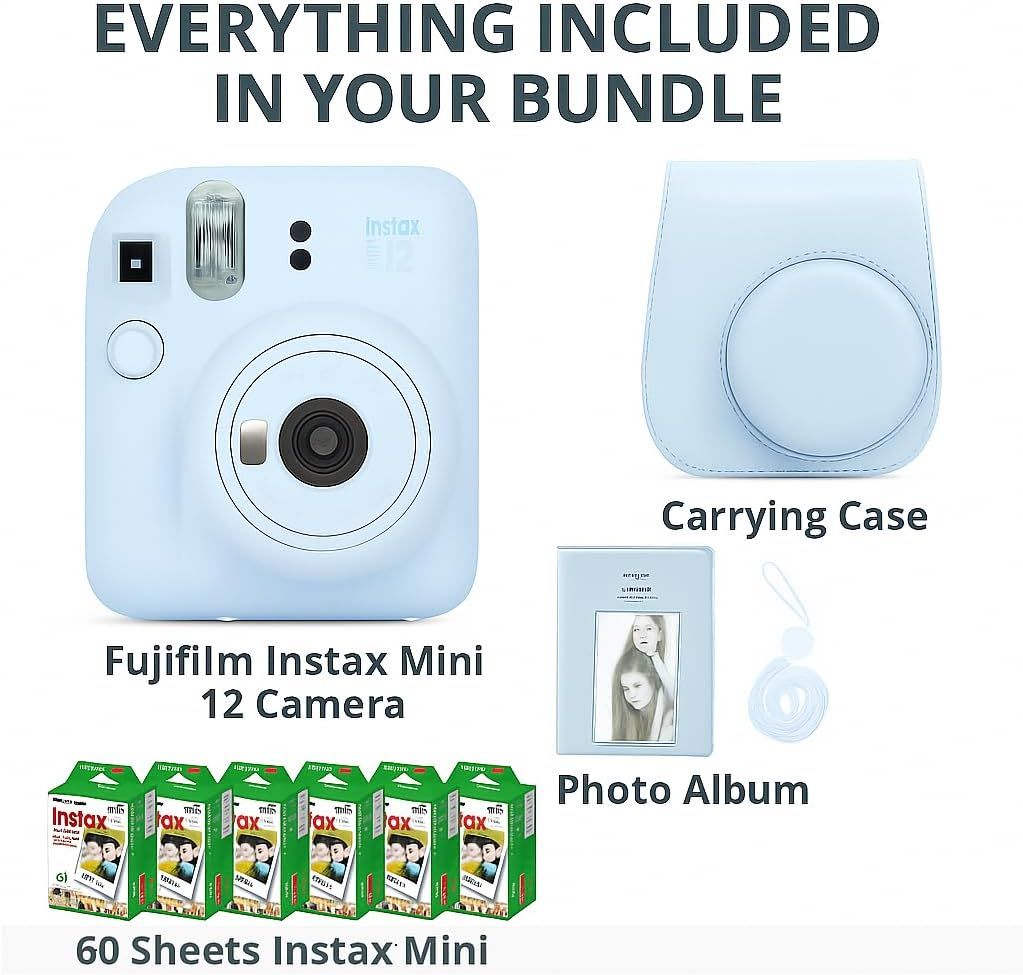 Shows the customer everything included in the bundle purchase—camera, protective case, photo album, and 60 sheets of film—to communicate value and completeness.