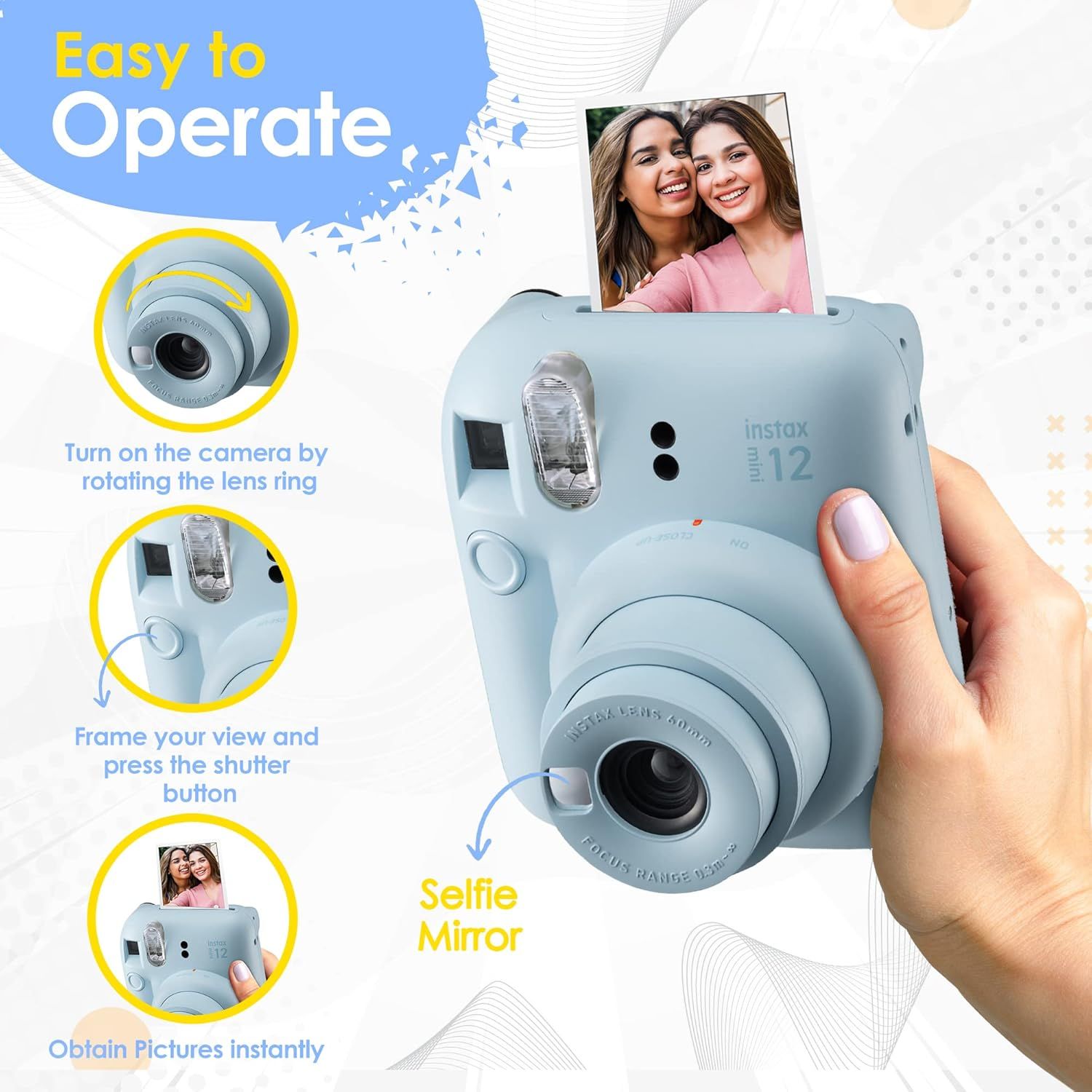 Demonstrates how to operate the instant camera through a simple 3-step visual guide, reassuring shoppers that the product is easy to use even for beginners.