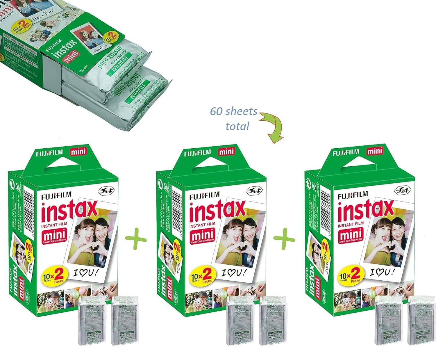 Shows the customer exactly what they receive in the bundle—three twin-packs of Fujifilm Instax Mini film totaling 60 sheets—to clarify the value and quantity included in the purchase.