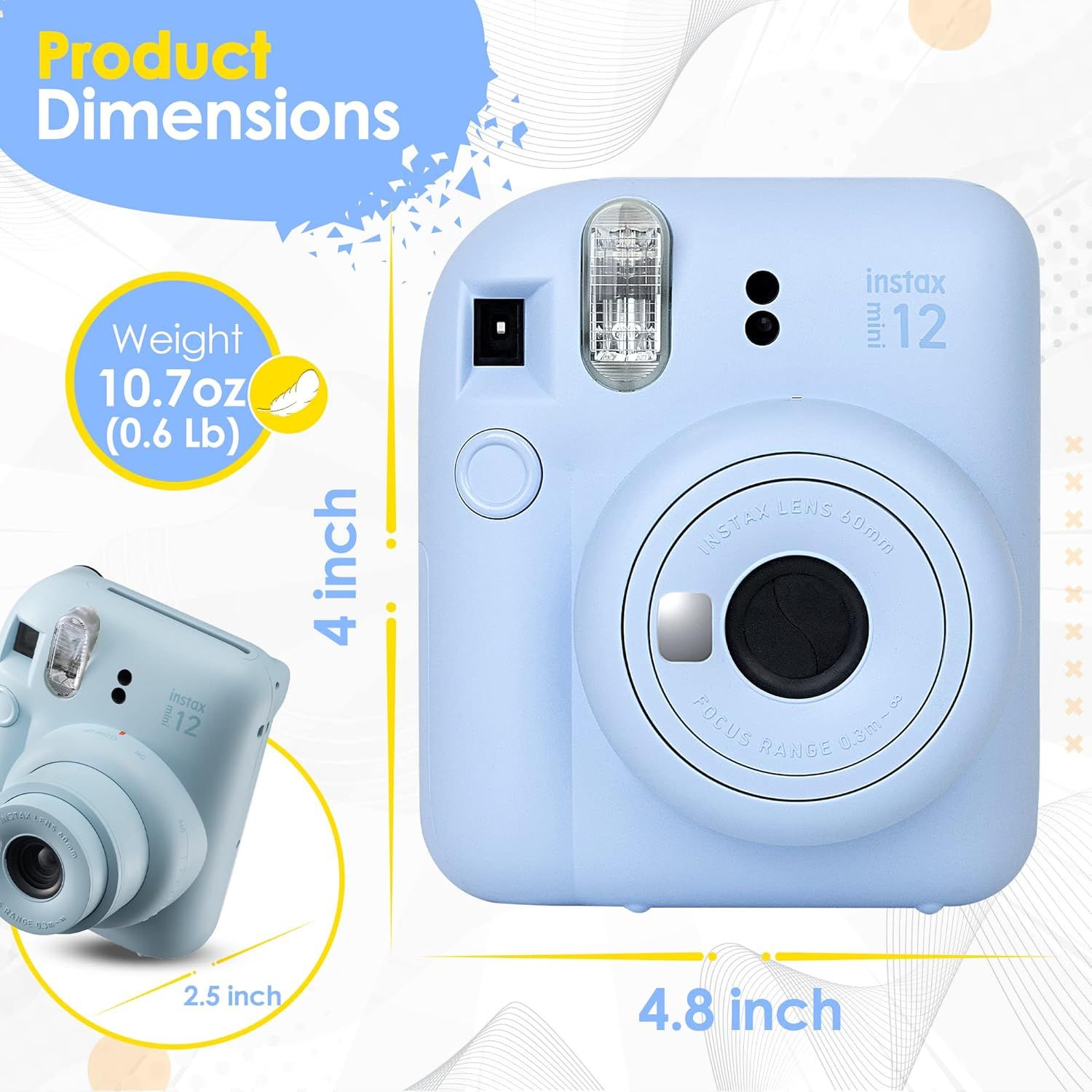 Communicates the exact physical size and weight of the Instax Mini 12 camera to help shoppers understand how compact and lightweight it is for portability.