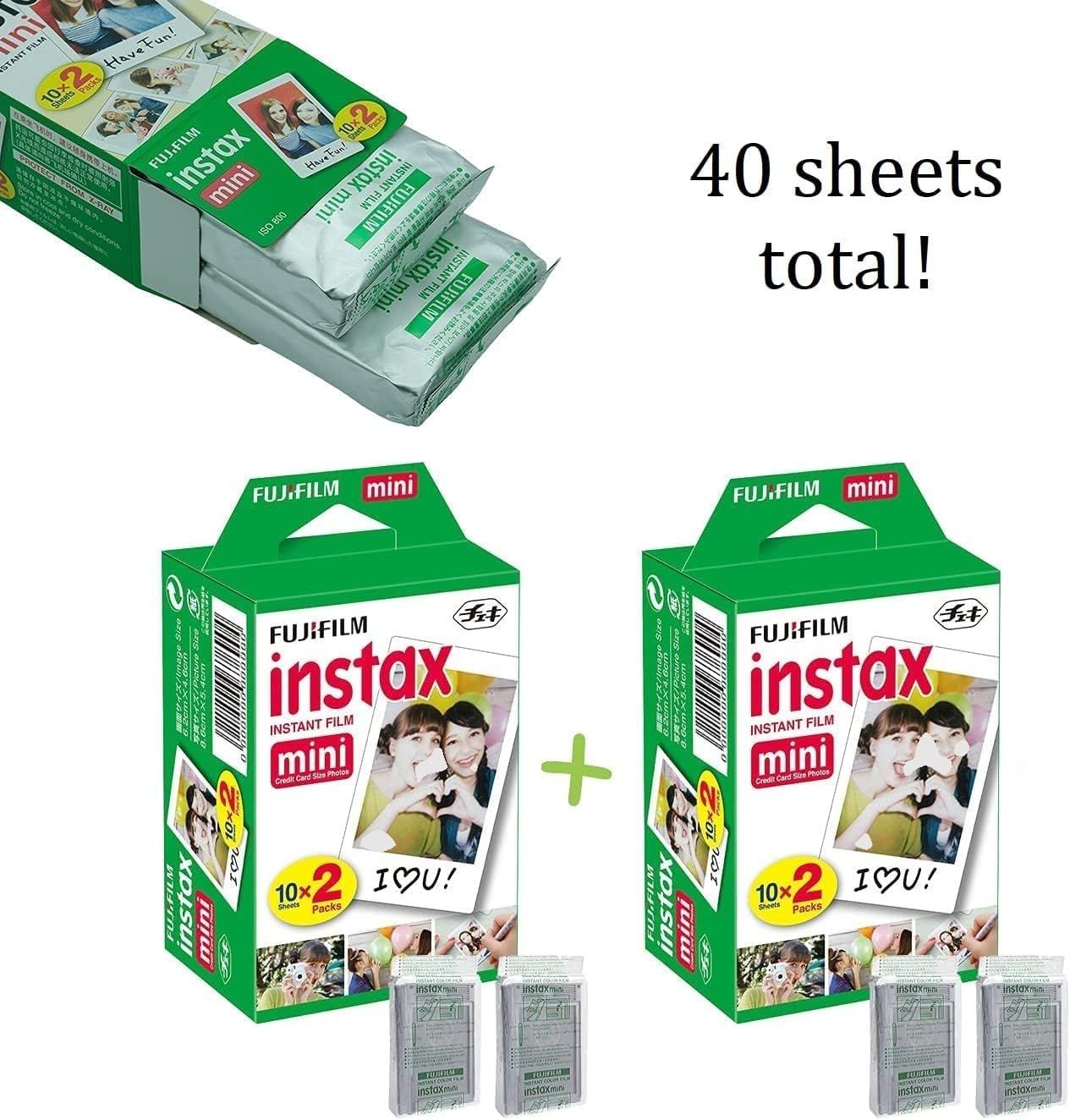 Shows the customer exactly what they receive in the bundle: two packs of Fujifilm Instax Mini film totaling 40 sheets, helping them understand the quantity and value of the purchase.