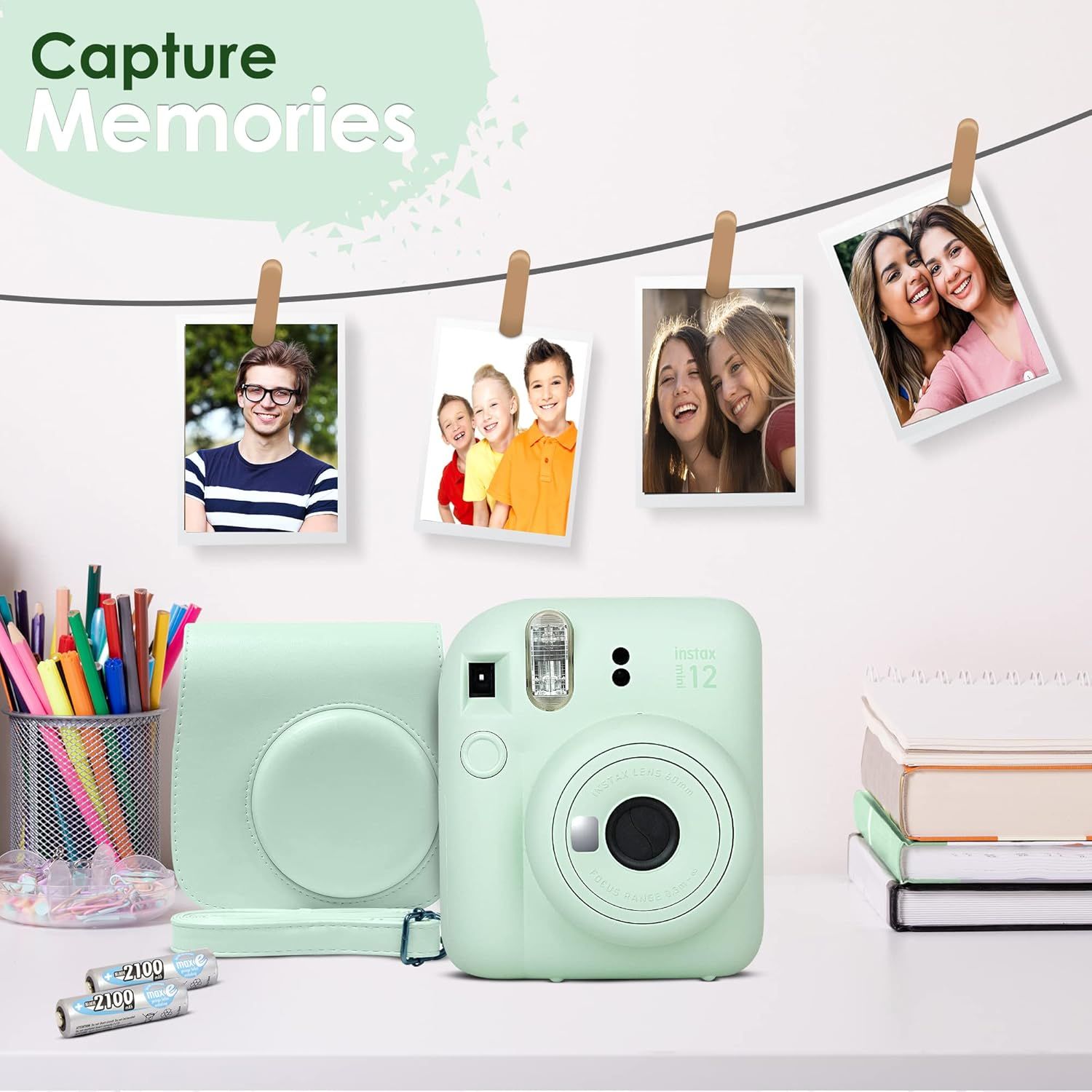 Shows everything included with the instant camera purchase—the camera, protective case, batteries, and sample printed photos—to help shoppers understand the complete package they'll receive.