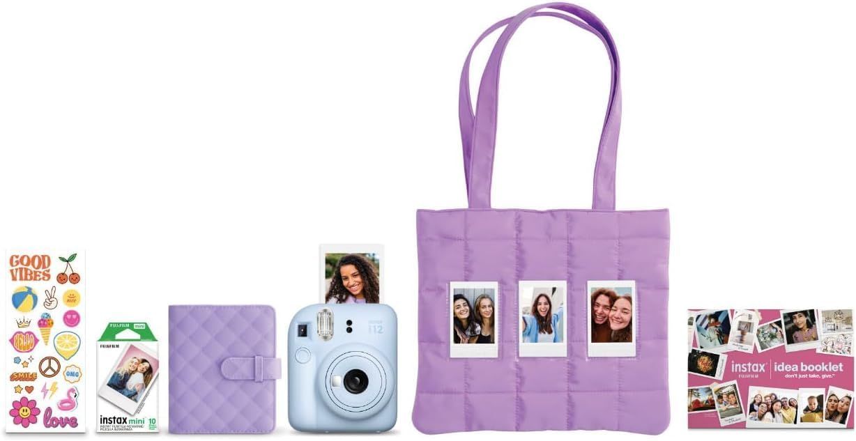 Shows everything included in the purchase: instant camera, photo album, tote bag with photo pockets, film pack, sticker sheet, and idea booklet to help shoppers understand the full value of the…