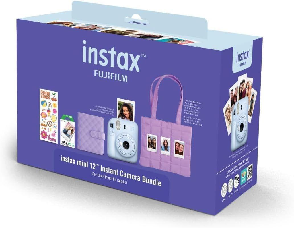 Shows shoppers everything included in the bundle—camera, photo album, stickers, and carrying case—to communicate the complete value of the package.