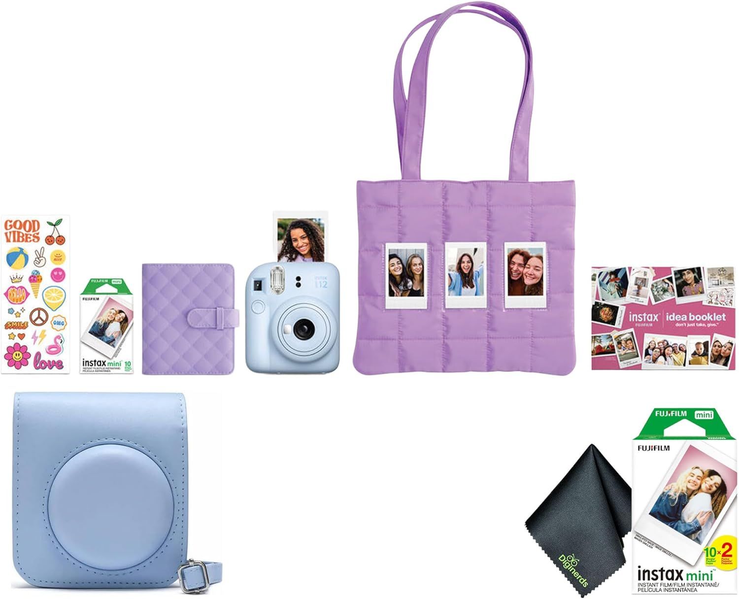 Shows all the items included in the instant camera bundle to help shoppers understand the complete value of their purchase, including camera, cases, film, tote bag, stickers, and accessories.