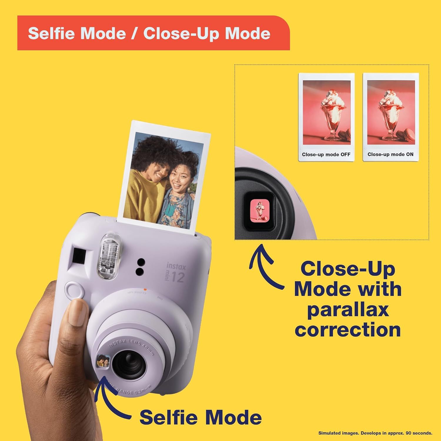 Demonstrates two distinct camera features—selfie mode and close-up mode with parallax correction—showing shoppers the versatility and advanced functionality of the instant camera.