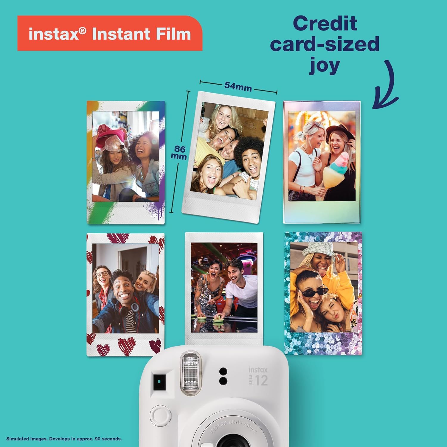 Communicates the compact, portable size of the instant film prints (credit card-sized) to help shoppers understand the physical dimensions and convenience of the product. Highlights the convenient,…