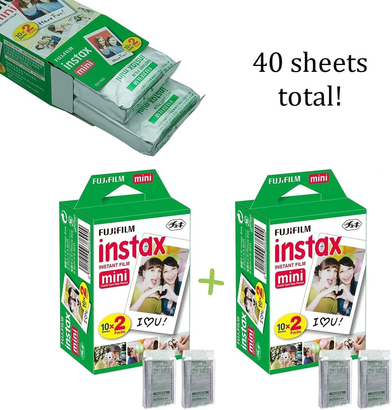 Shows the customer exactly what they receive in this bundle—two packs of Fujifilm Instax Mini film totaling 40 sheets—to clarify the value and quantity included in the purchase.