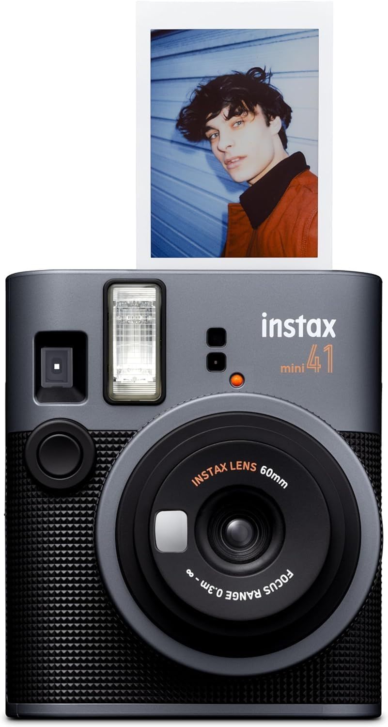 Displays the instant camera product with a sample photo output to demonstrate the product's capability and instant print feature, helping shoppers visualize what they will receive and how the camera…