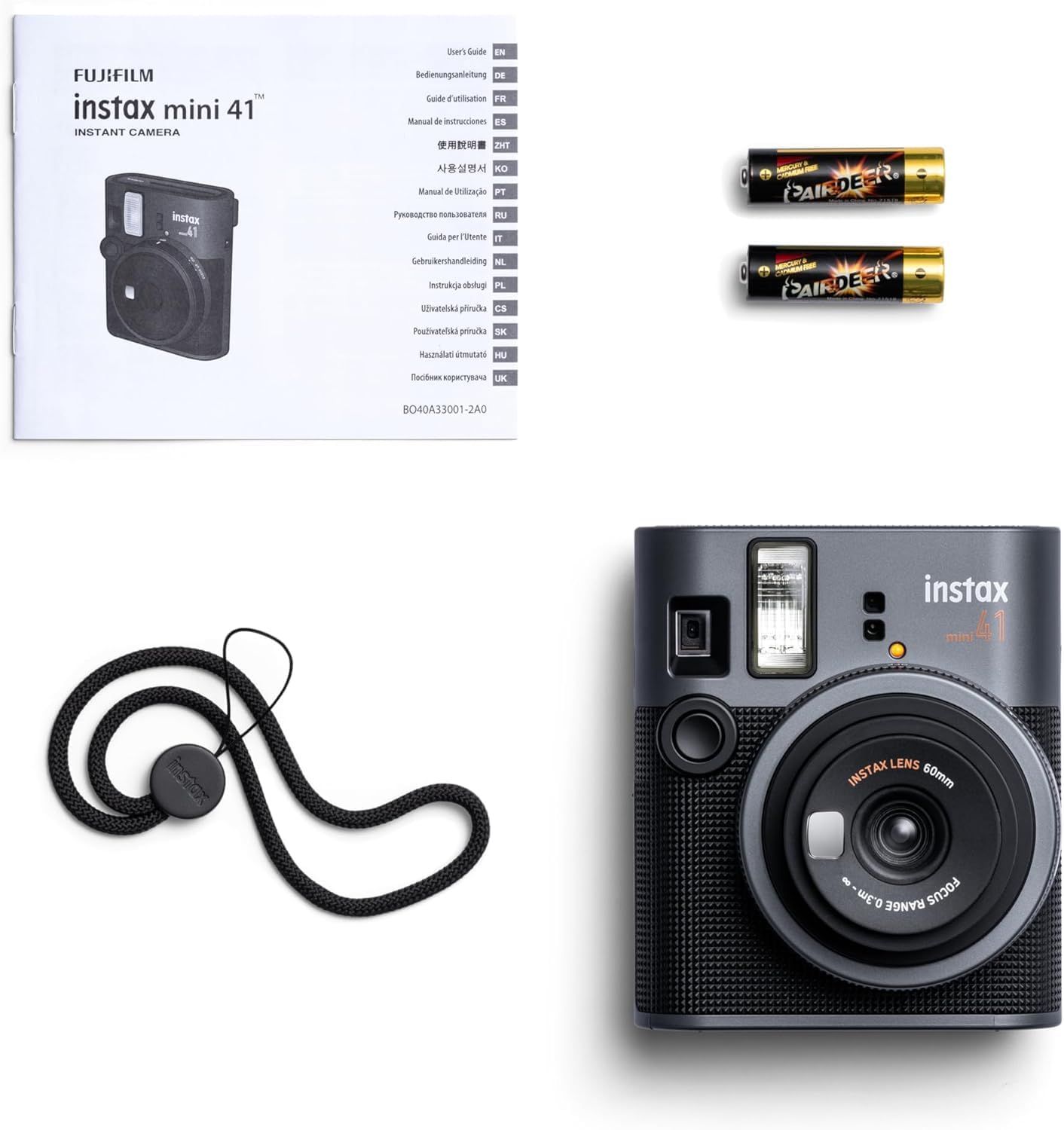 Shows the customer everything included in the box: the Instax Mini 41 camera, instruction manual, batteries, and carrying strap, providing clarity on what they will receive with their purchase.