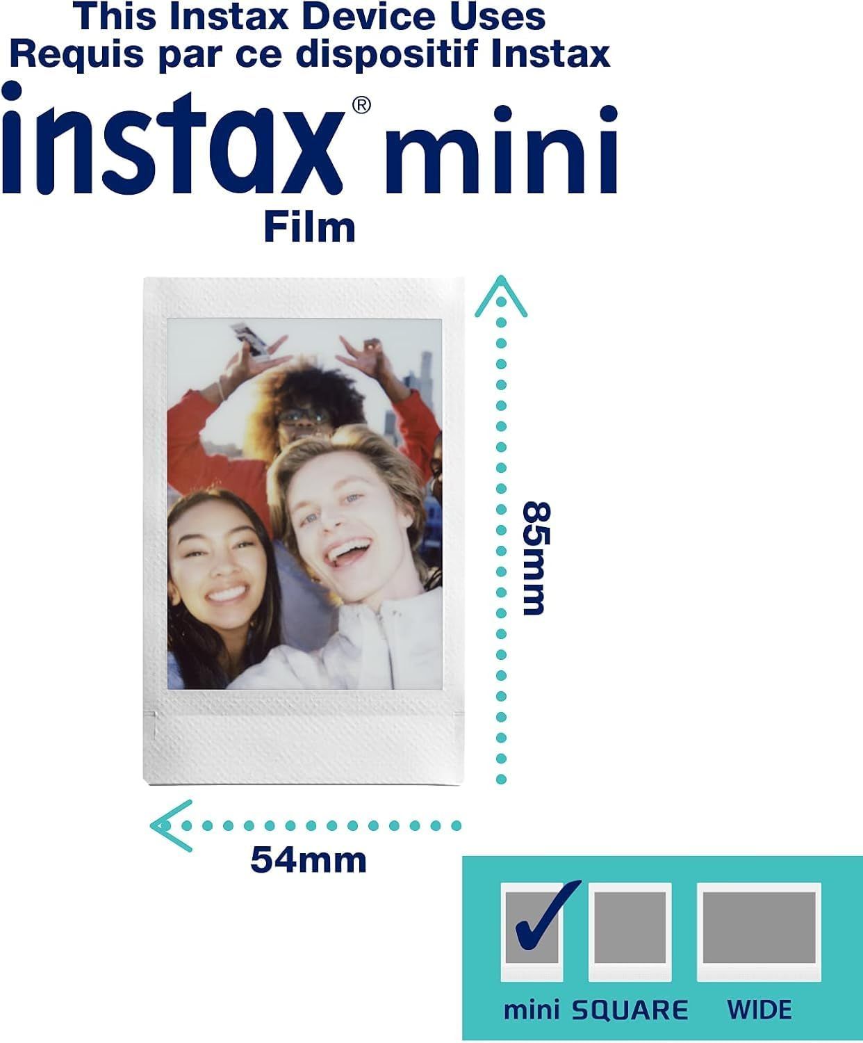 Communicates the exact physical dimensions of the Instax mini film (54mm x 85mm) to help shoppers understand the size of the prints they will receive. Shows which Instax camera formats are…