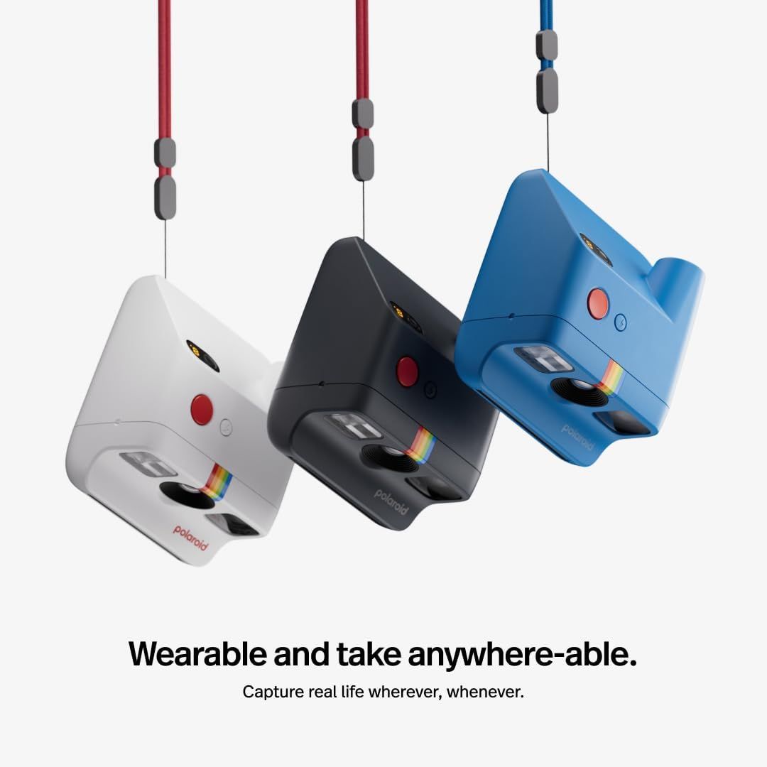 Highlights the product's wearable, portable design with neck straps, emphasizing convenience and the ability to capture moments on-the-go anywhere.