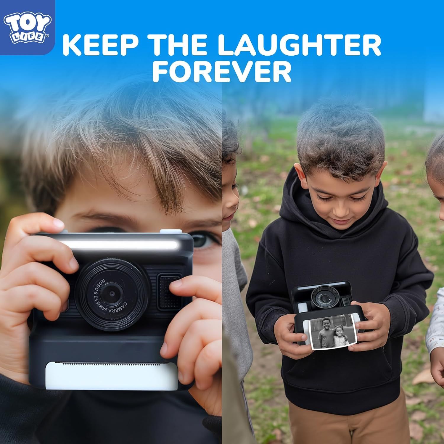 Shows the product being enjoyed by children in a real-world outdoor setting, creating an emotional connection and demonstrating the product's appeal for capturing memories and fun moments.