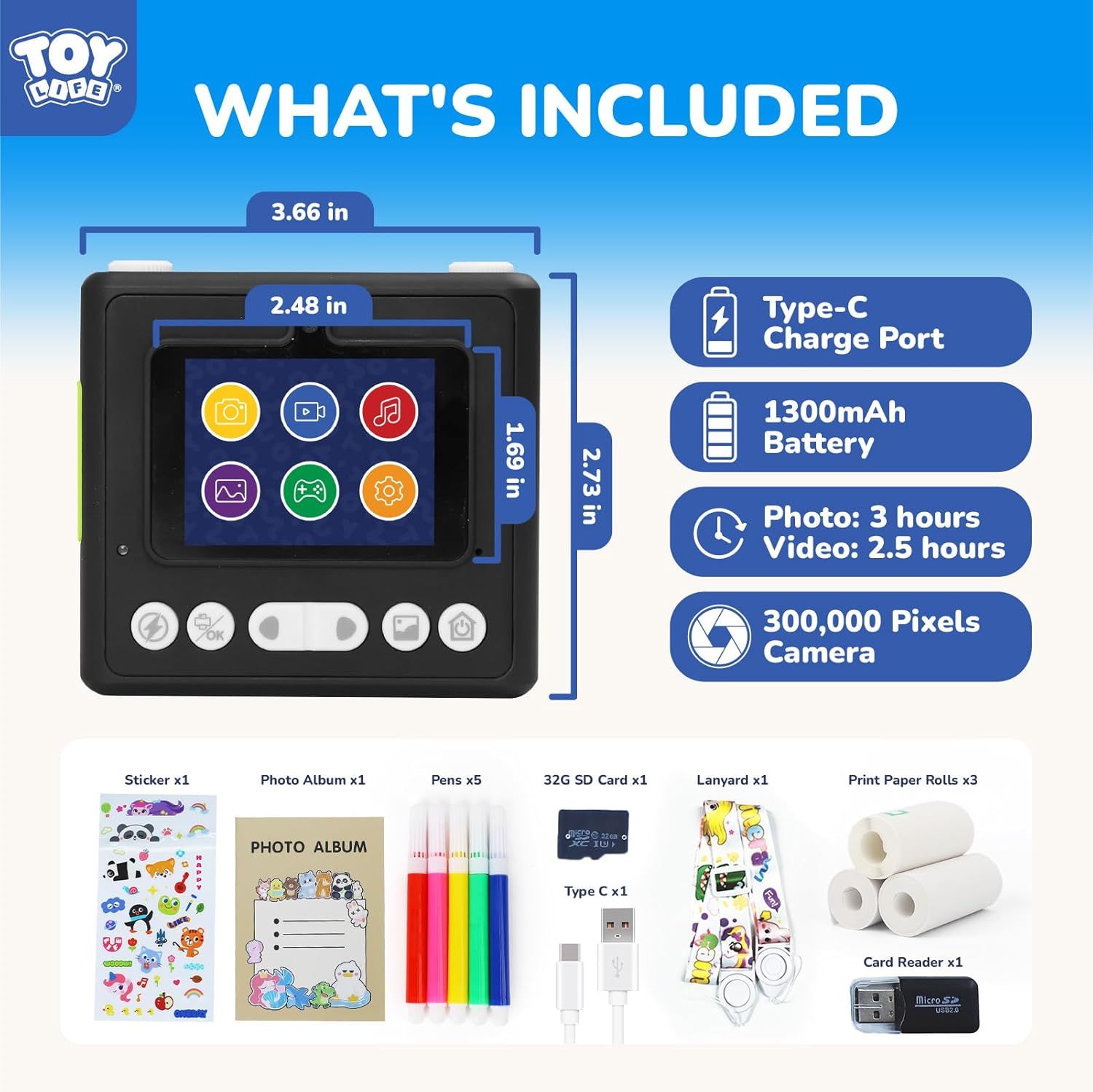 Shows everything included in the package to help shoppers understand the complete value of the bundle, including the camera device, charging cable, memory card, stickers, photo album, pens, lanyard,…