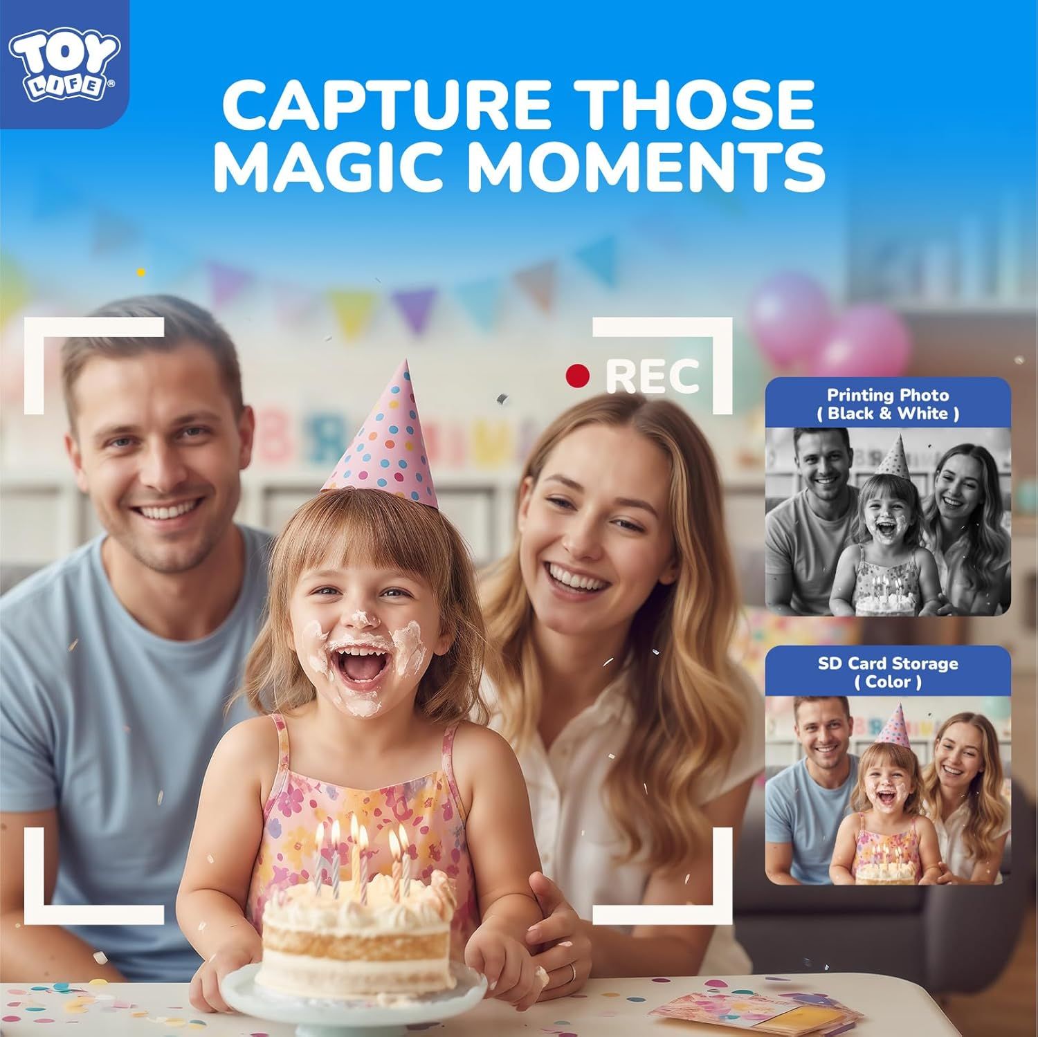 Demonstrates the product's dual capability to print photos in black and white and store color photos on an SD card, emphasizing versatility for capturing and preserving family memories.