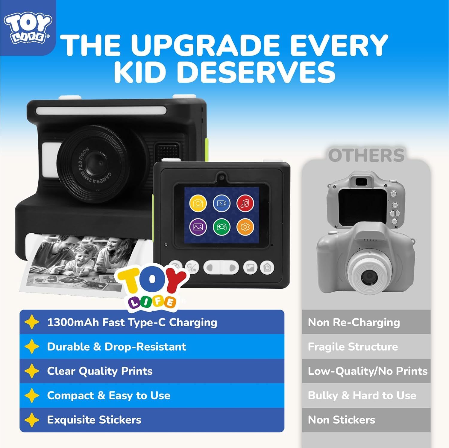 This image compares the Toy Life kids' camera against generic competitors, highlighting five key advantages (rechargeable battery, durability, print quality, ease of use, and stickers) to…