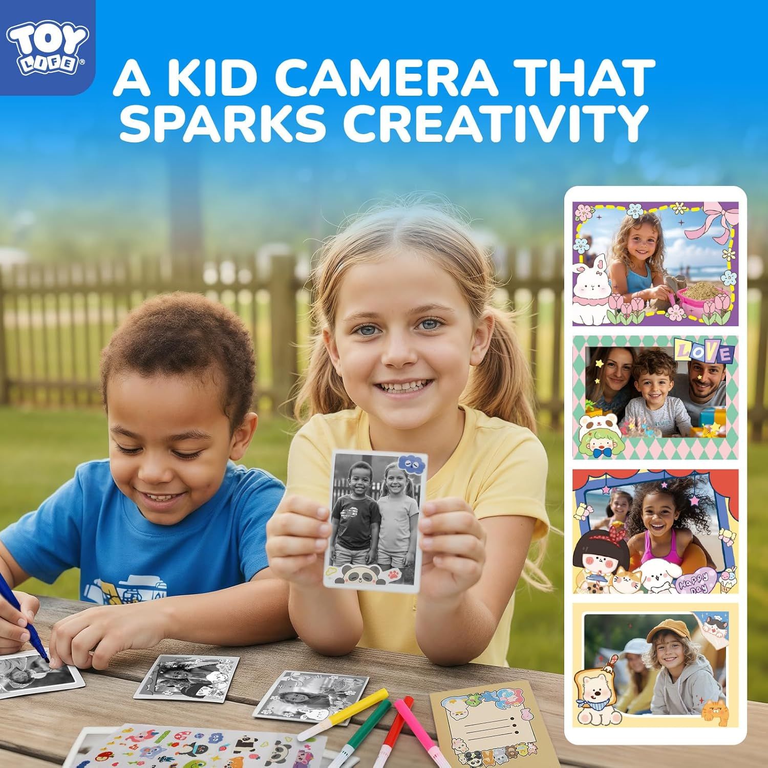 Demonstrates multiple creative use cases for the kid camera, showing how children can print photos with different decorative frames and themes to spark creativity and imagination.