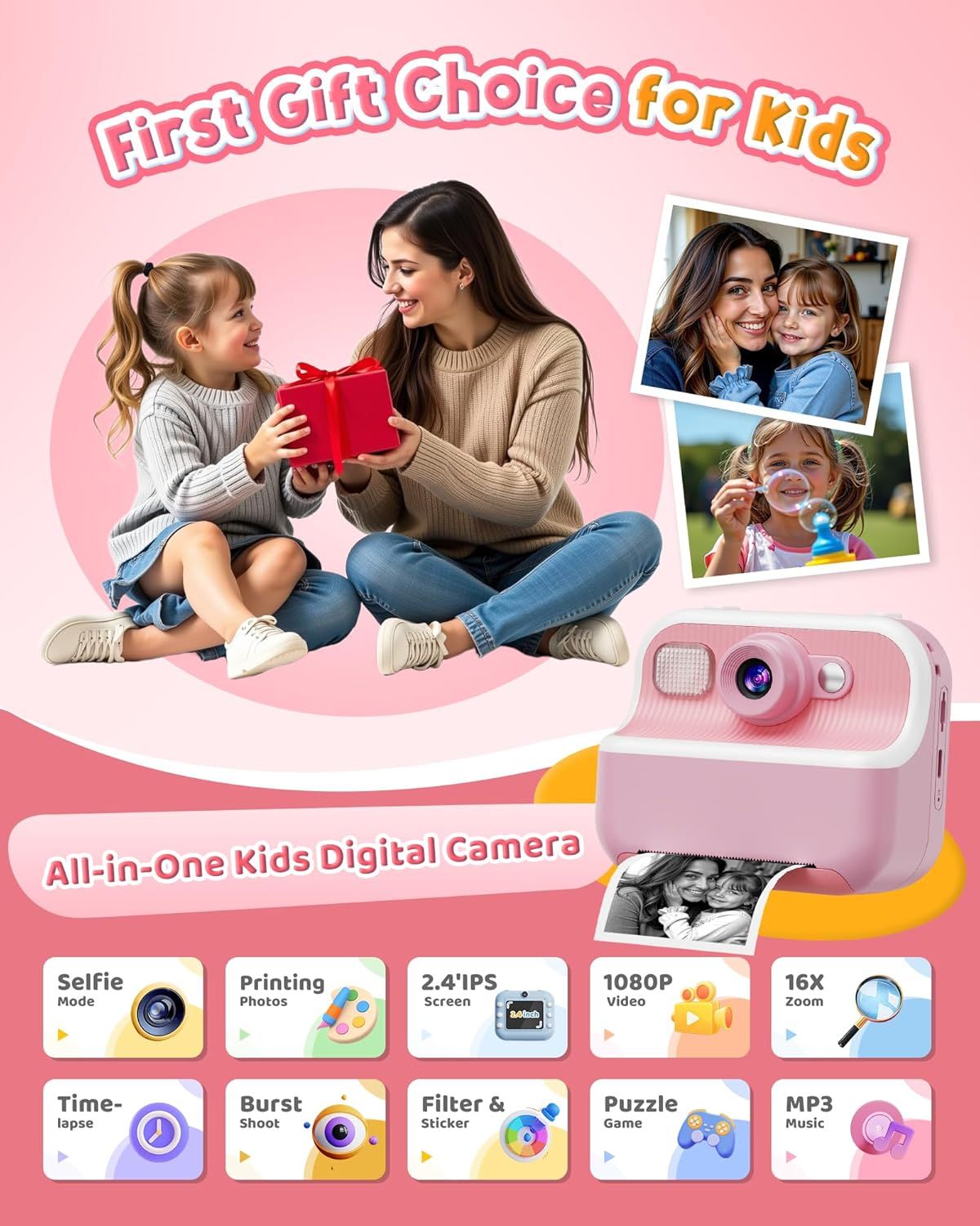This image showcases the comprehensive feature set of a kids' digital camera, highlighting 10 distinct capabilities in a segmented grid layout to communicate versatility and value as a gift choice…