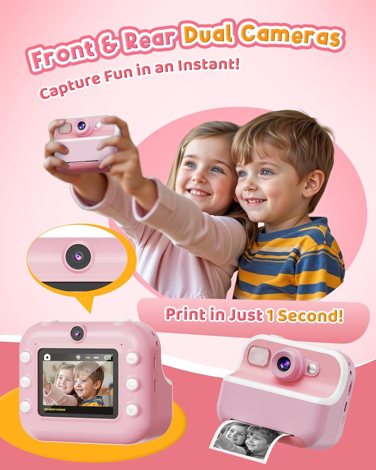 Communicates multiple key features of the kids camera: dual front and rear cameras for versatile photo-taking and instant 1-second printing capability, emphasizing fun and convenience for children.
