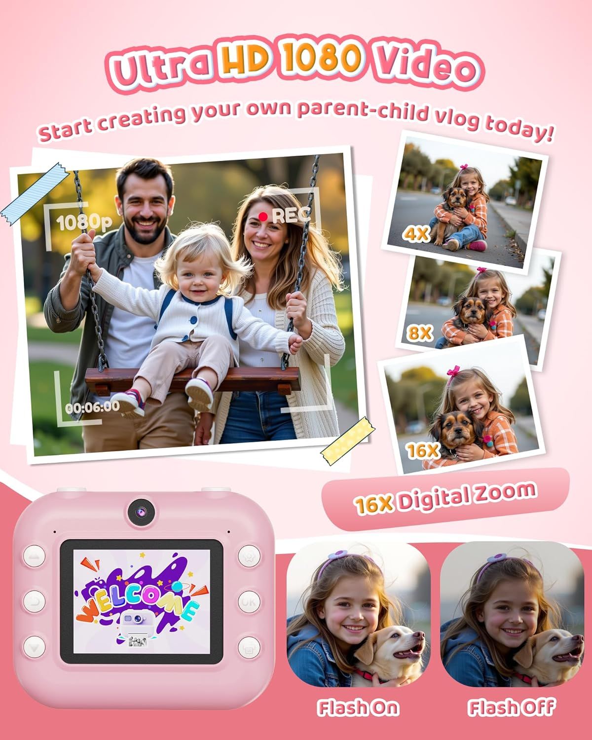 Showcases multiple key features of the kids camera including high-definition video recording, powerful digital zoom capabilities, and flash control to demonstrate the products comprehensive…