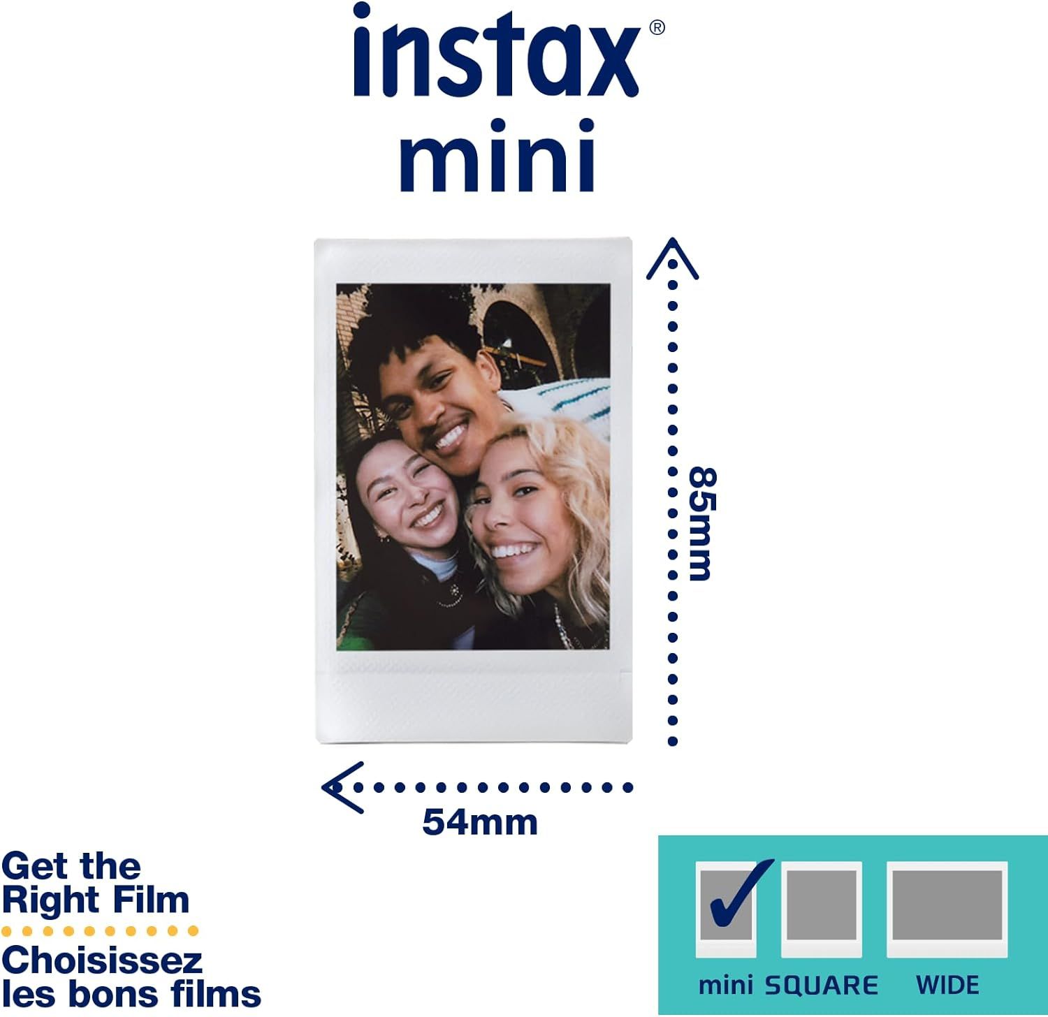 Communicates the exact physical dimensions of the Instax Mini film (85mm x 54mm) to help shoppers understand the size of the printed photos and ensure compatibility with their camera. Helps shoppers…