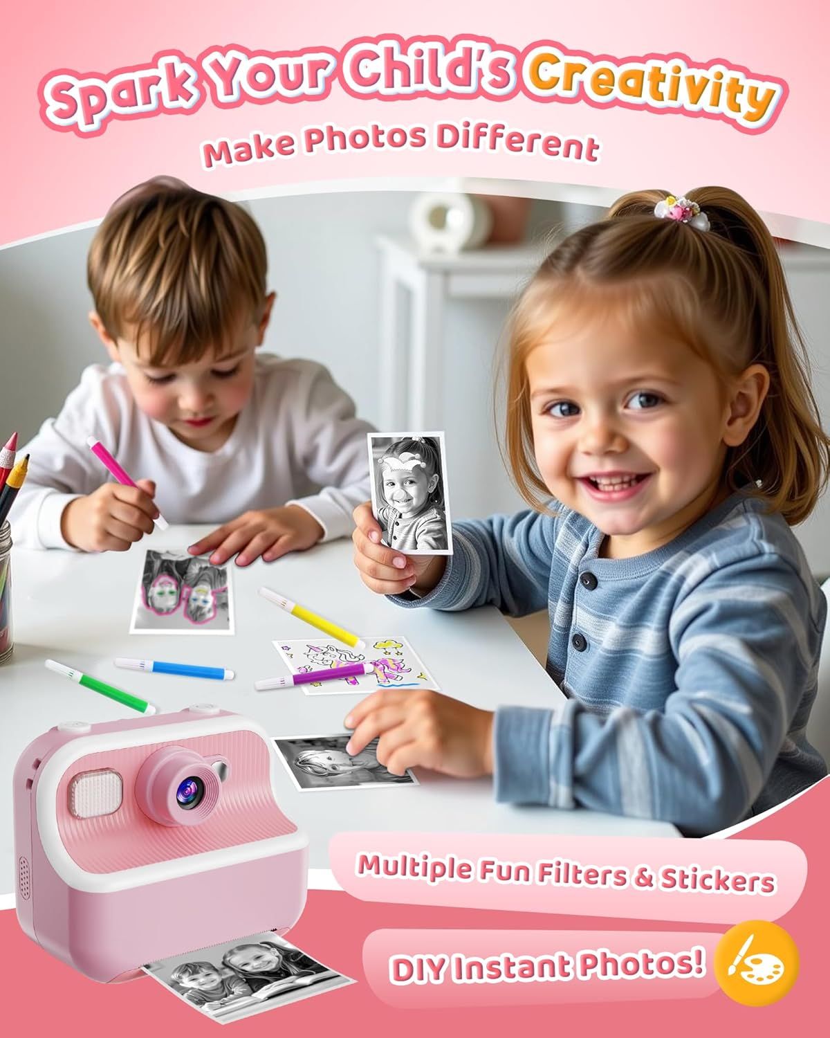 Communicates multiple benefits of the kids camera: sparking creativity, offering fun filters and stickers, and providing instant photo printing for hands-on creative play.