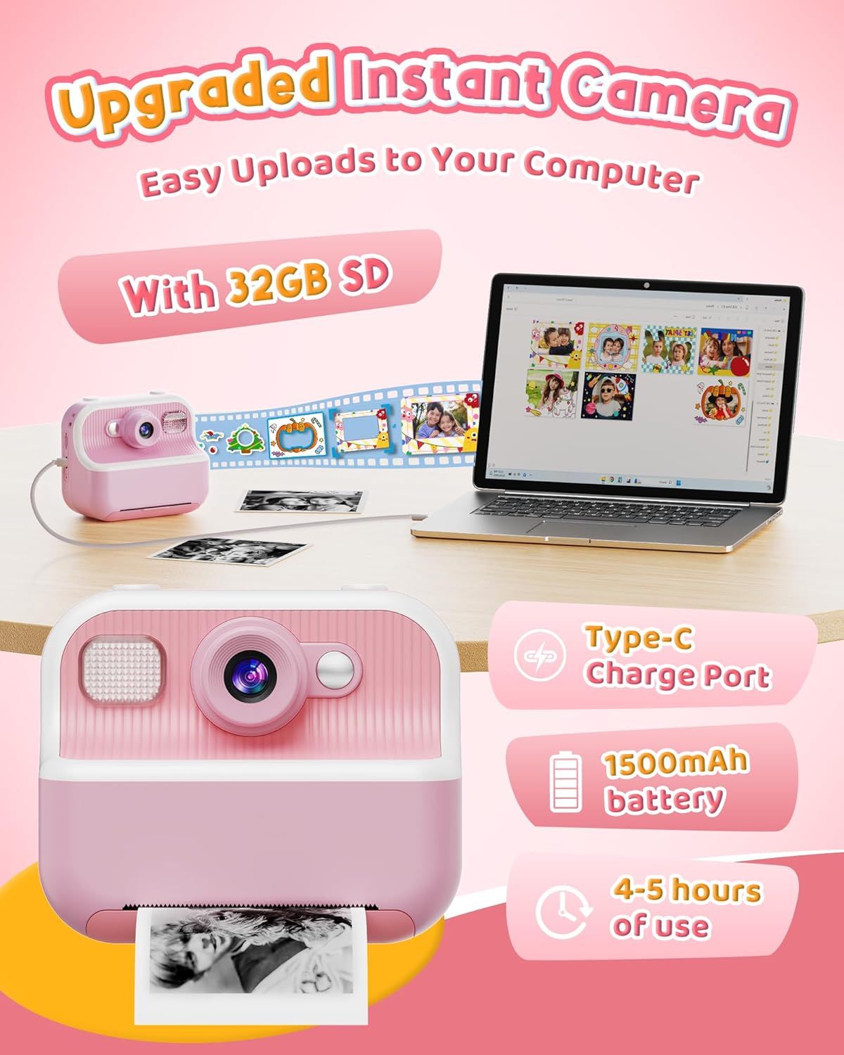 Communicates multiple technical specifications and benefits of the instant camera in a segmented layout to show parents the product's storage capacity, connectivity, battery life, and printing…