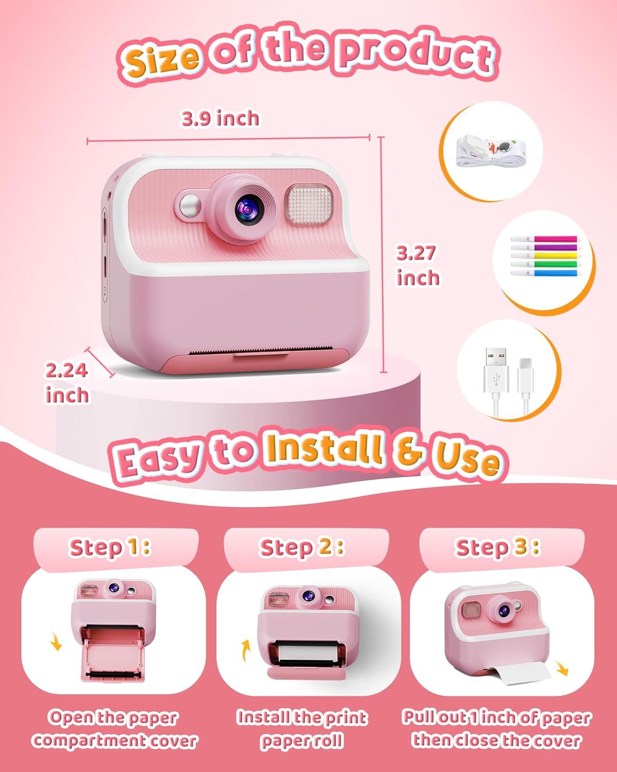 Communicates the exact physical dimensions of the product (3.9 x 3.27 x 2.24 inches) to help shoppers understand its compact size and portability. Provides clear step-by-step instructions on how to…